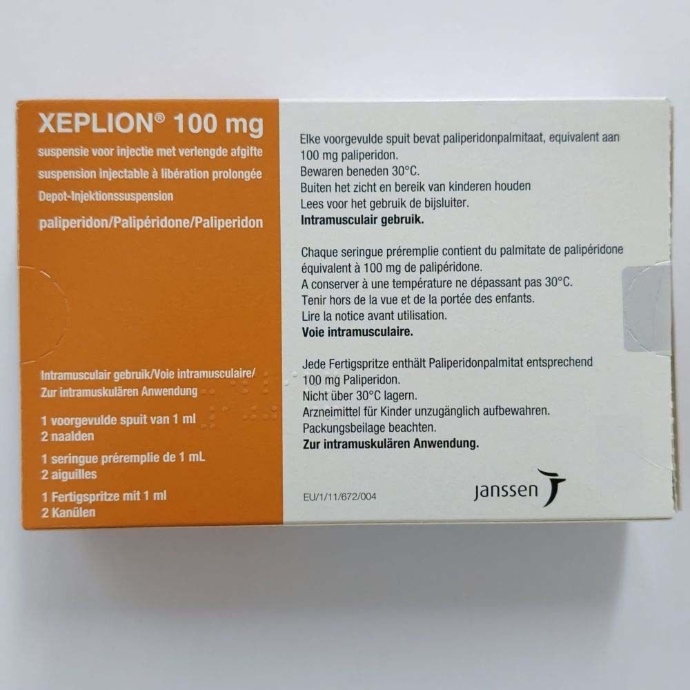 Verpackung XEPLION 100 mg Depot-Injektionssuspension mit Palperidon. Enthält 2 Fertigspritzen à 1 ml.