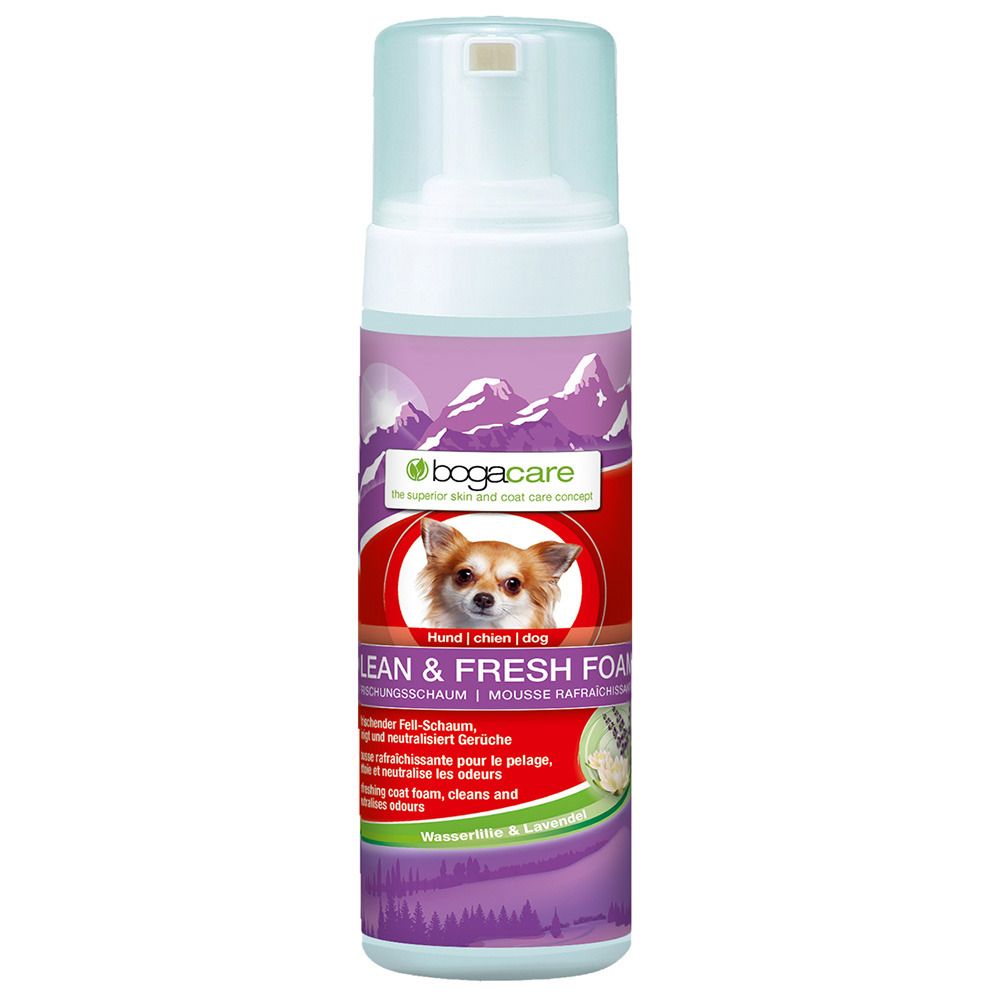 Schaumflasche mit Produktnamen und Hundefoto. Lila-weißes Design mit Berge-Illustration. Pumpkopf aus transparentem Kunststoff.