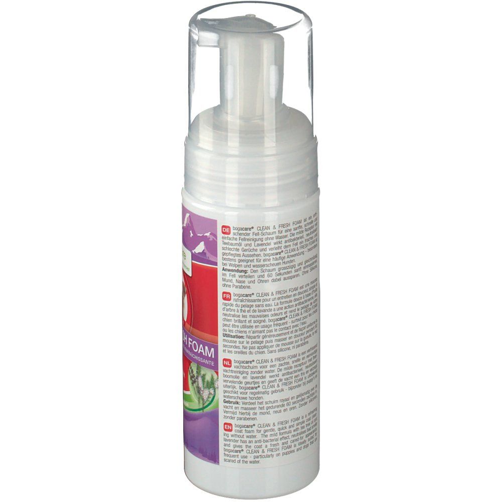 Produktflasche, Seitenansicht. Weißer Behälter mit Text. Transparenter Pumpkopf. Etikett mit Produktinformationen in verschiedenen Sprachen.