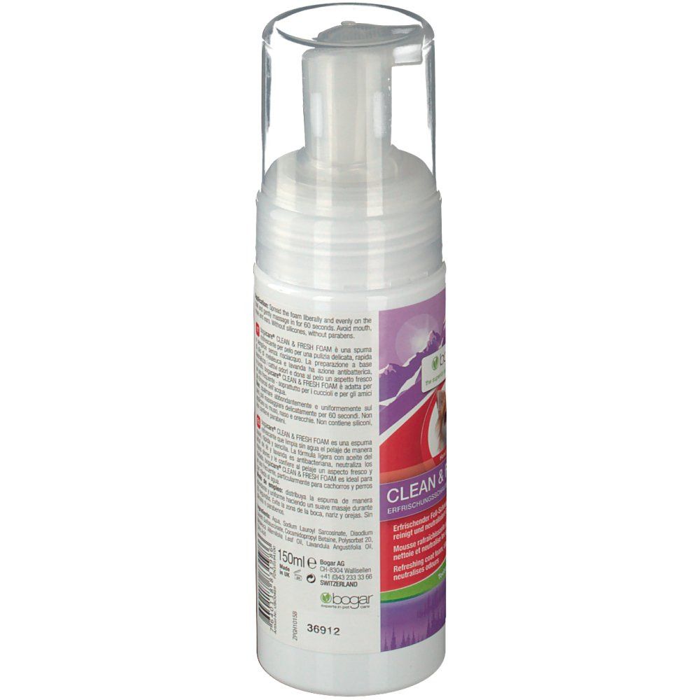 Produktflasche, Seitenansicht. Weißer Behälter mit Text. Transparenter Pumpkopf. Etikett mit Produktinformationen und Volumenangabe.