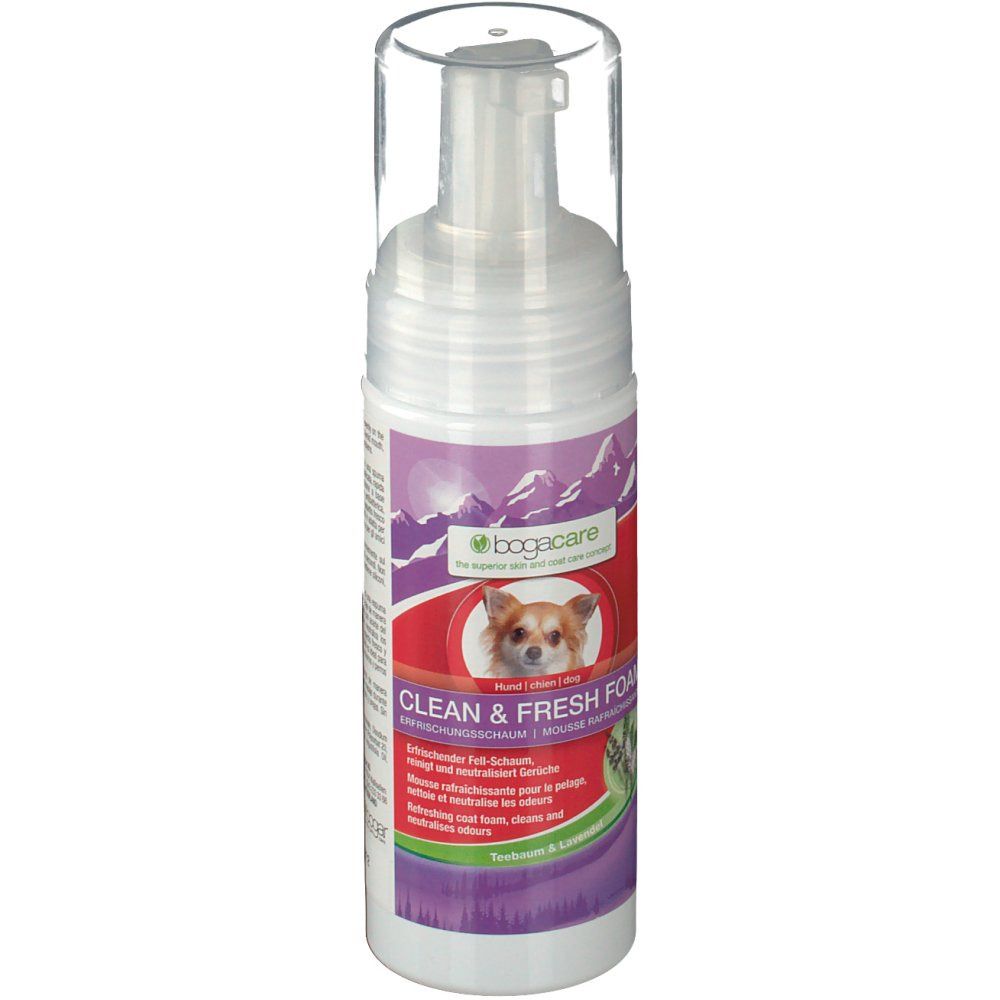 Schaumflasche mit Produktnamen und Hundefoto. Lila-weißes Design mit Berge-Illustration. Transparenter Pumpkopf.