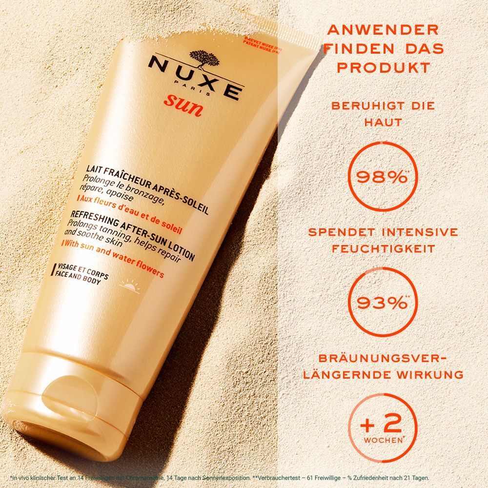 NUXE Sun After-Sun-Lotion auf Sand. Text: Beruhigt die Haut, spendet Feuchtigkeit, bräunungsverlängernde Wirkung. Prozentangaben.