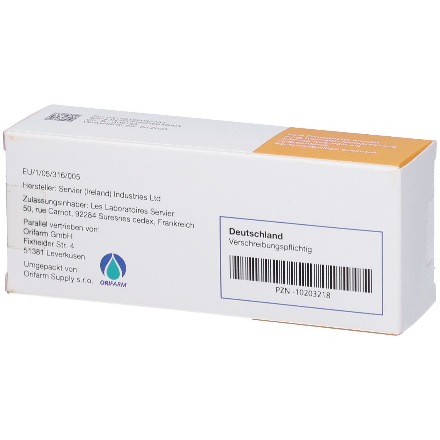 Rückseite der Procoralan 5 mg Packung. Weiße Schachtel mit Text und Barcode. Herstellerinformationen und Aufschrift: Deutschland.