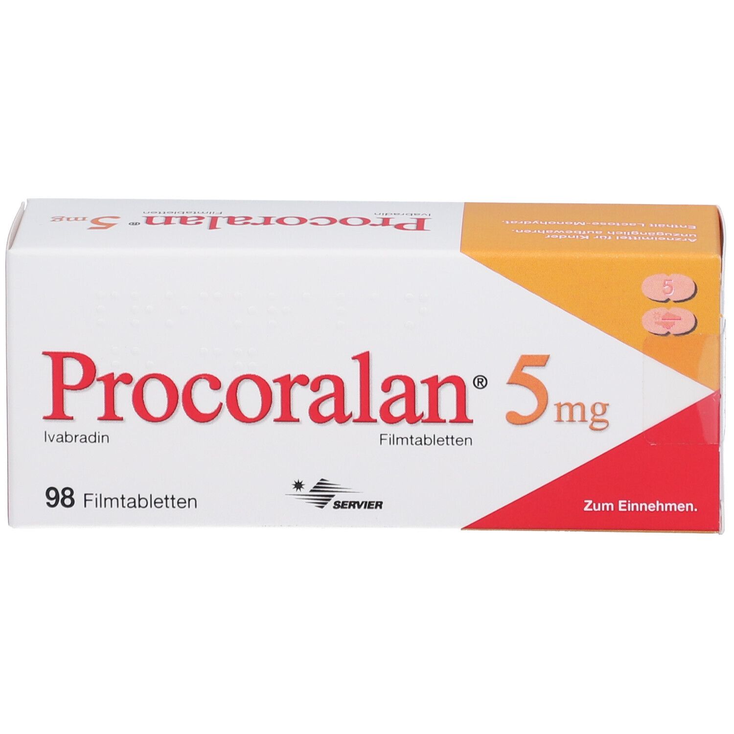 Procoralan 5 mg Packung. Weiße Schachtel mit rotem und orangenem Akzent. Schriftzug: Procoralan 5 mg, 98 Filmtabletten.