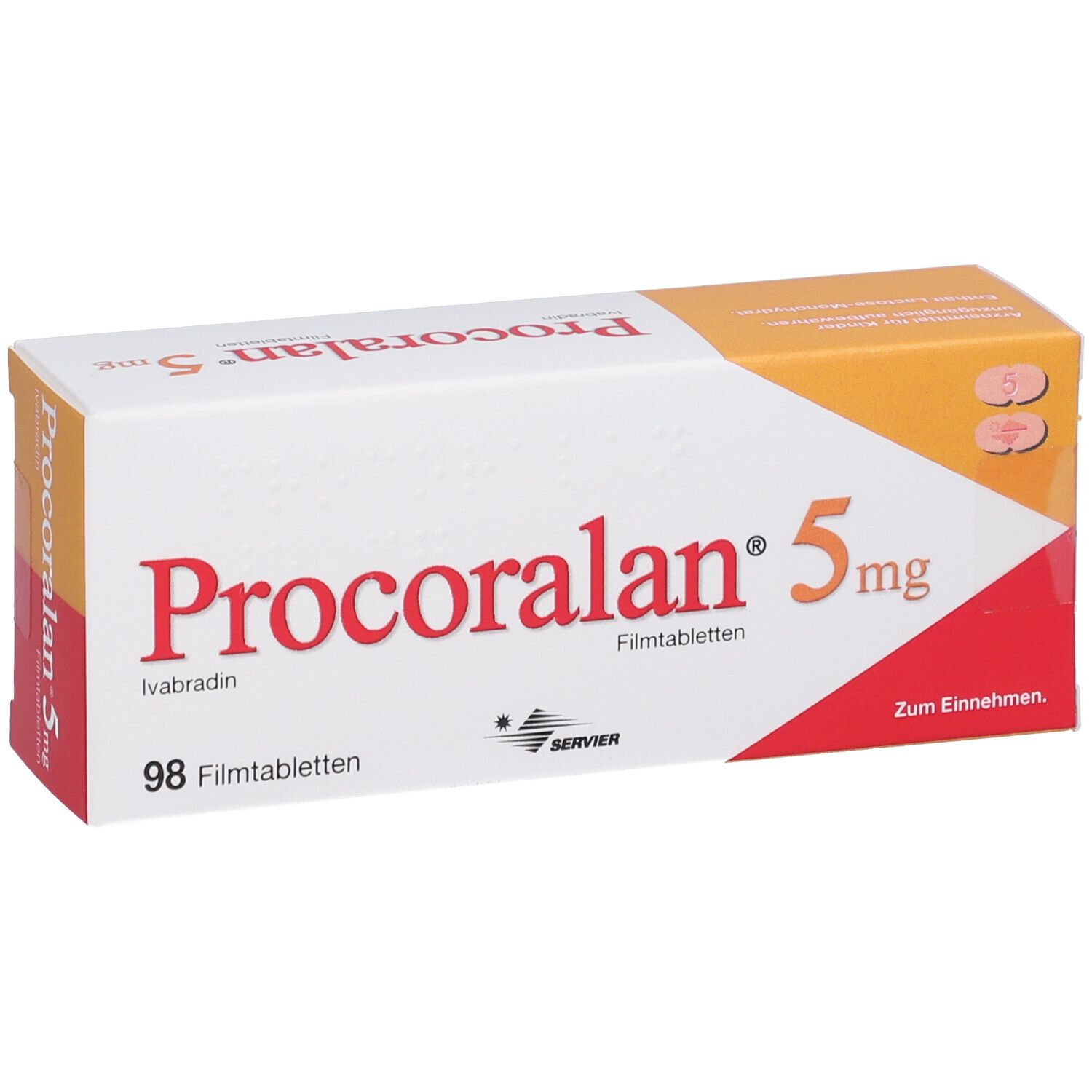 Procoralan 5 mg Packung. Weiße Schachtel mit rotem und orangenem Akzent. Schriftzug: Procoralan 5 mg, 98 Filmtabletten.