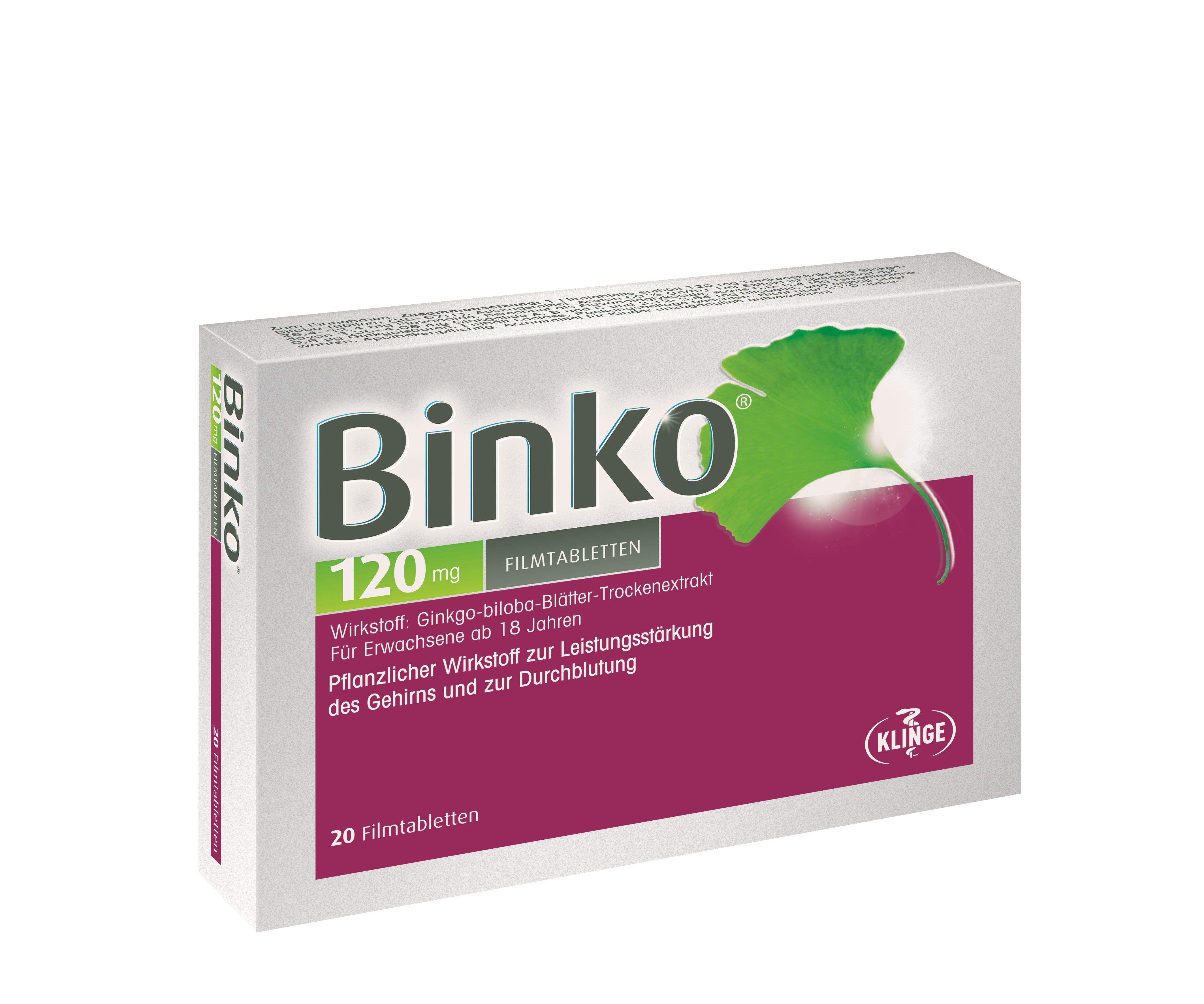 Binko 120 mg Filmtabletten-Packung. Weißer Karton mit Produktnamen, Ginkgo-Blatt-Logo und Inhaltsangaben.