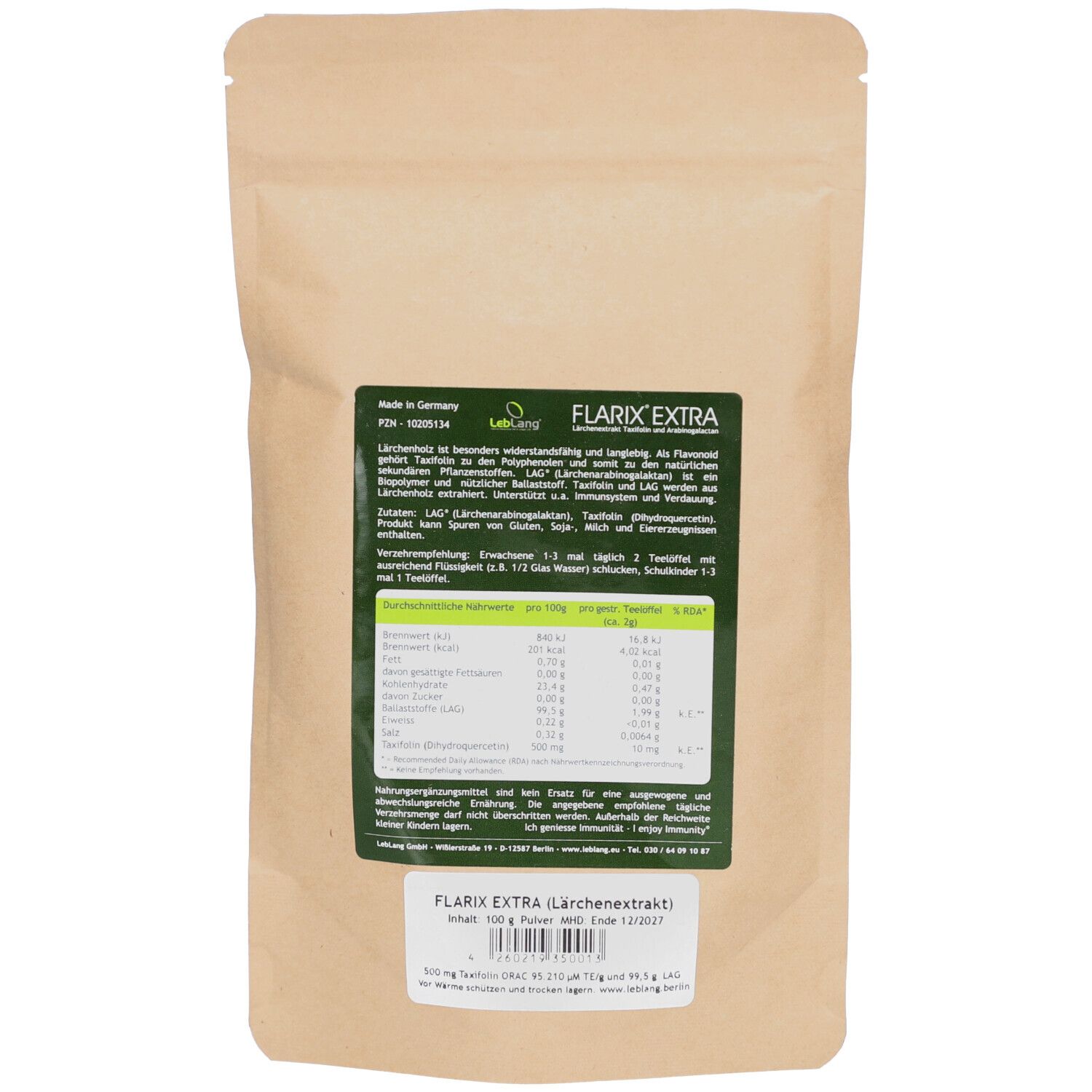 Rückseite des Beutels FLARIX EXTRA. Text mit Inhaltsstoffen, Nährwertangaben und Herstellerinformationen. Braune Papierverpackung.