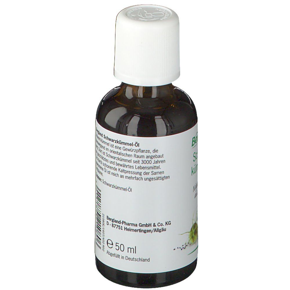 Braune Glasflasche mit weißem Deckel. Etikett mit Produktinformationen und Herstellerangaben.