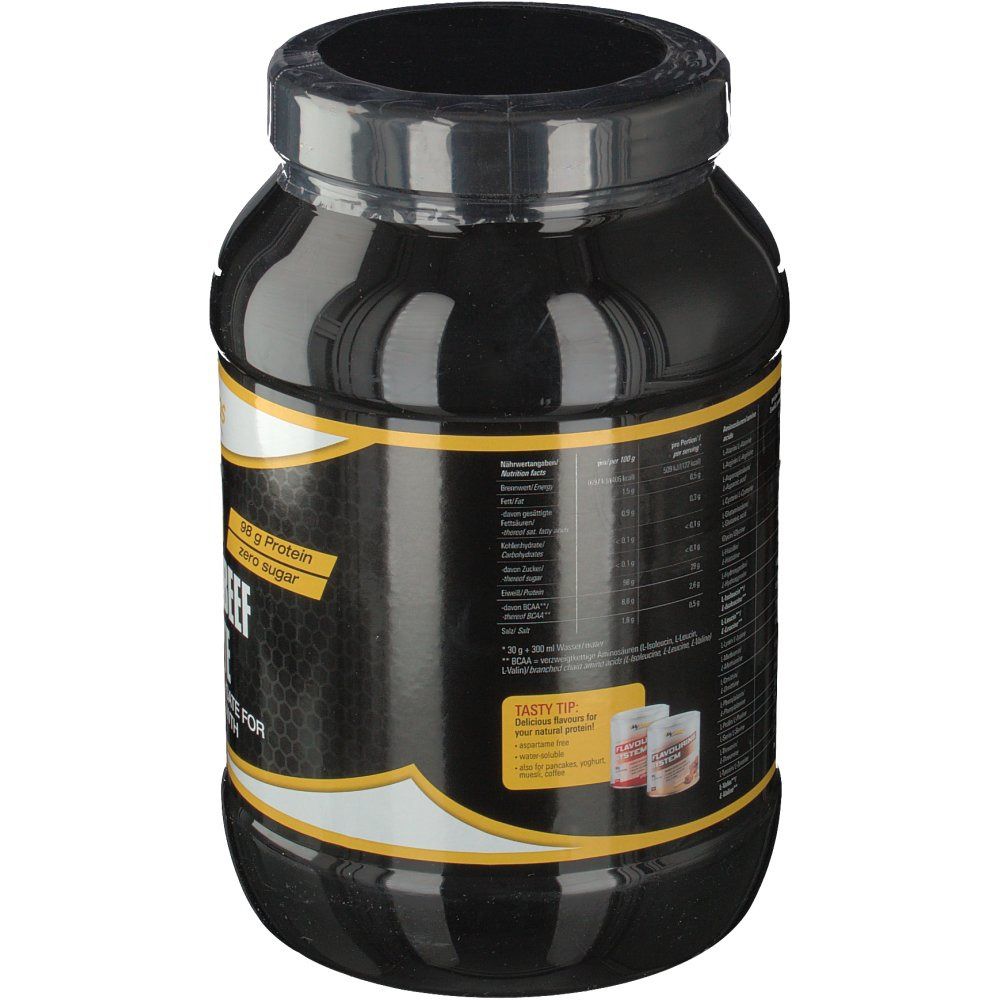 Schwarzer Behälter mit gelben Akzenten. Aufschrift: 38 g Protein, zero sugar. Produktabbildung.