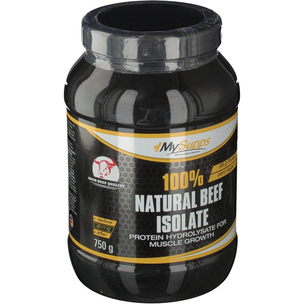 Schwarzer Behälter mit gelben Akzenten. Aufschrift: 100% Natural Beef Isolate. Produktabbildung.