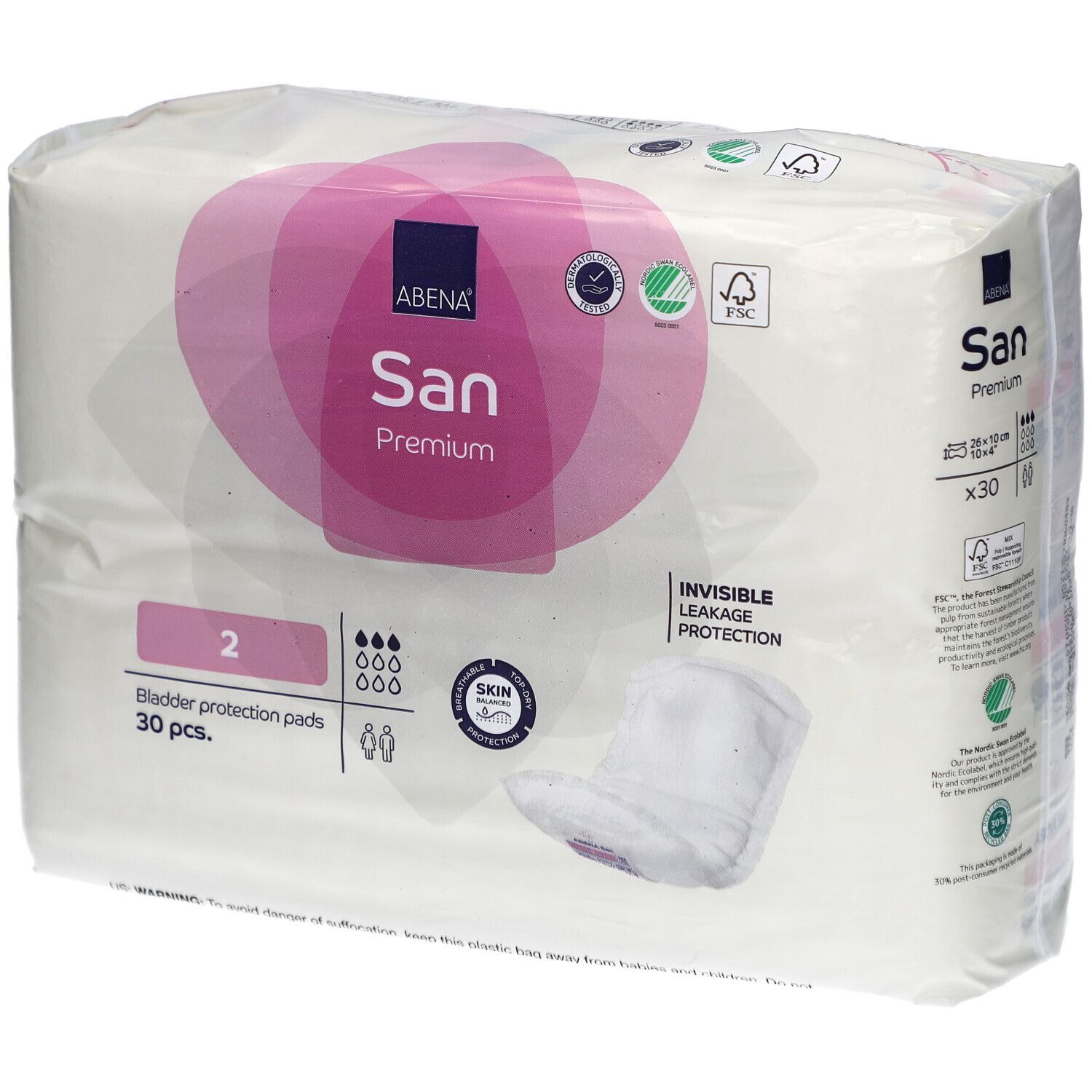 Verpackung mit Abena San Premium Einlagen. Rosa-weiße Verpackung mit Produktbezeichnung und Logo. 30 Stück, Größe 2.