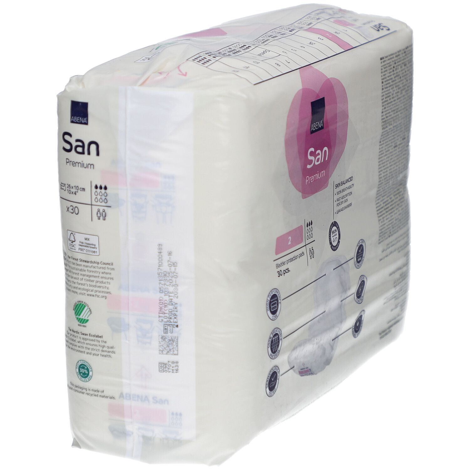 Abena San Premium Verpackung, Ansicht von der Seite. Produktname, Logo und weitere Informationen auf der Verpackung.