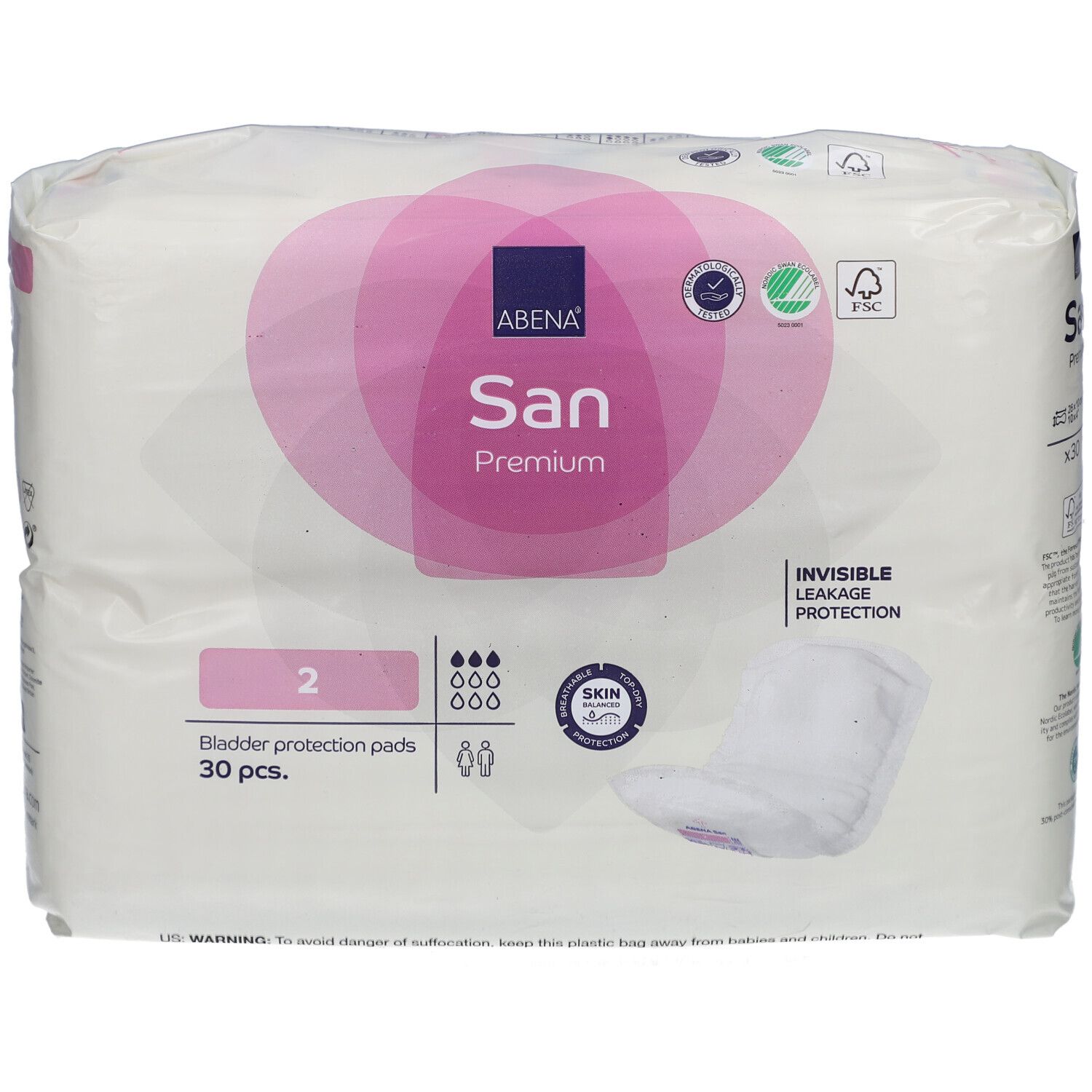 Verpackung mit Abena San Premium Einlagen. Rosa-weiße Verpackung mit Produktbezeichnung und Logo. 30 Stück, Größe 2.