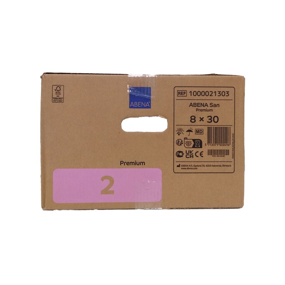 Karton mit ABENA San Premium. Rosa Etikett mit "2". Aufdrucke: "8 x 30", Barcode, Logos.