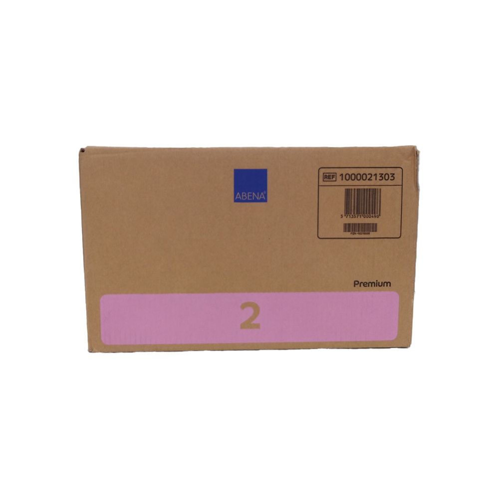 Karton mit ABENA-Logo und rosa Etikett mit "2". Barcode und "Premium" Aufdruck.