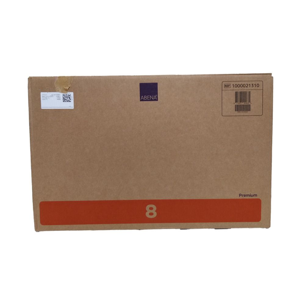 Karton mit ABENA-Logo und der Zahl 8. Orangefarbener Streifen mit "Premium".