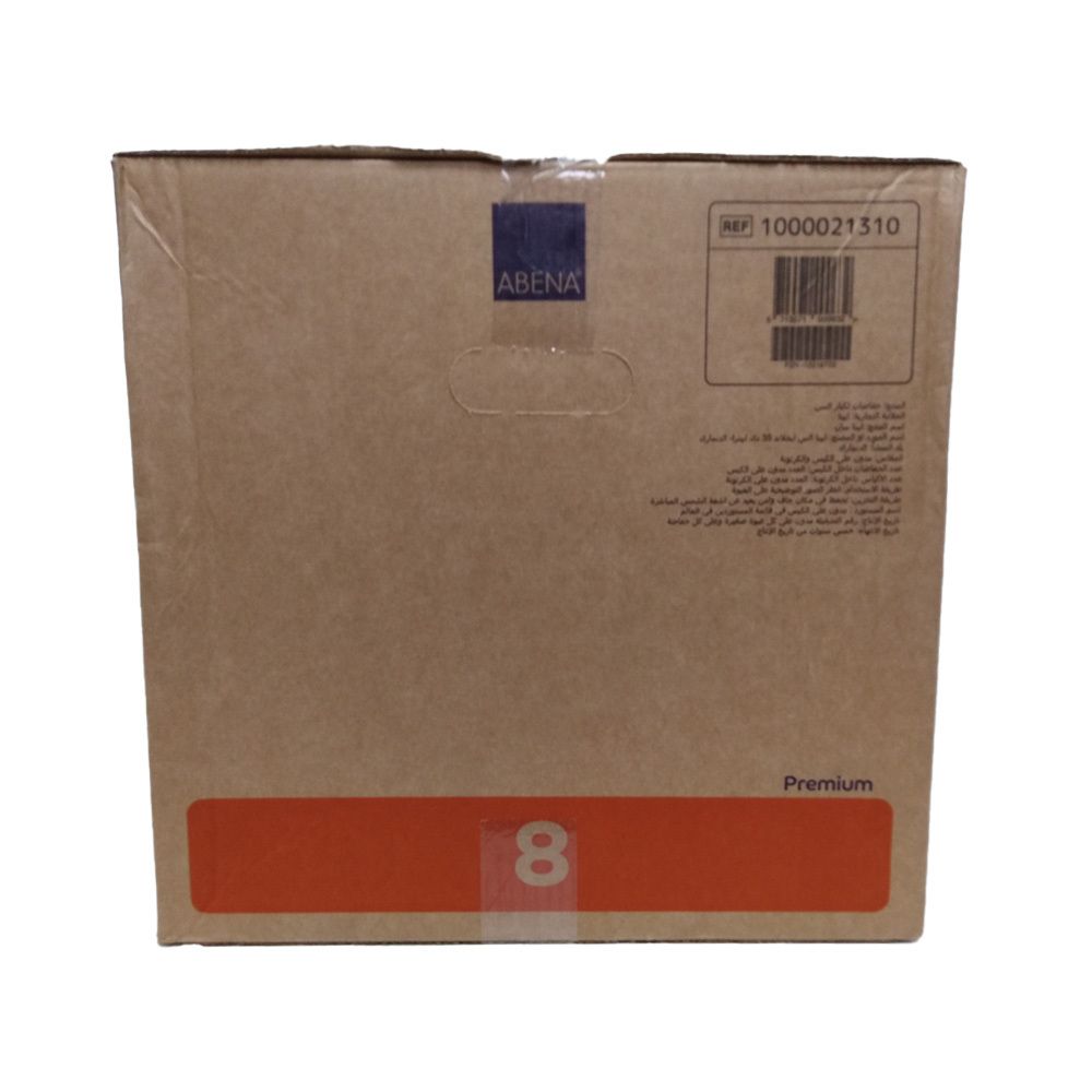 Karton mit ABENA-Logo und der Zahl 8. Orangefarbener Streifen mit "Premium".