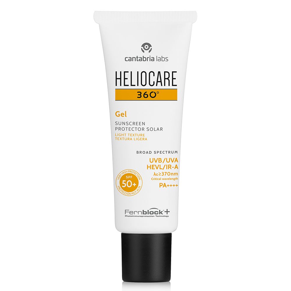 Weiße Tube mit schwarzem Verschluss. Produktname HELIOCARE 360°. Gel, Lichtschutzfaktor 50+. Text und Logos.