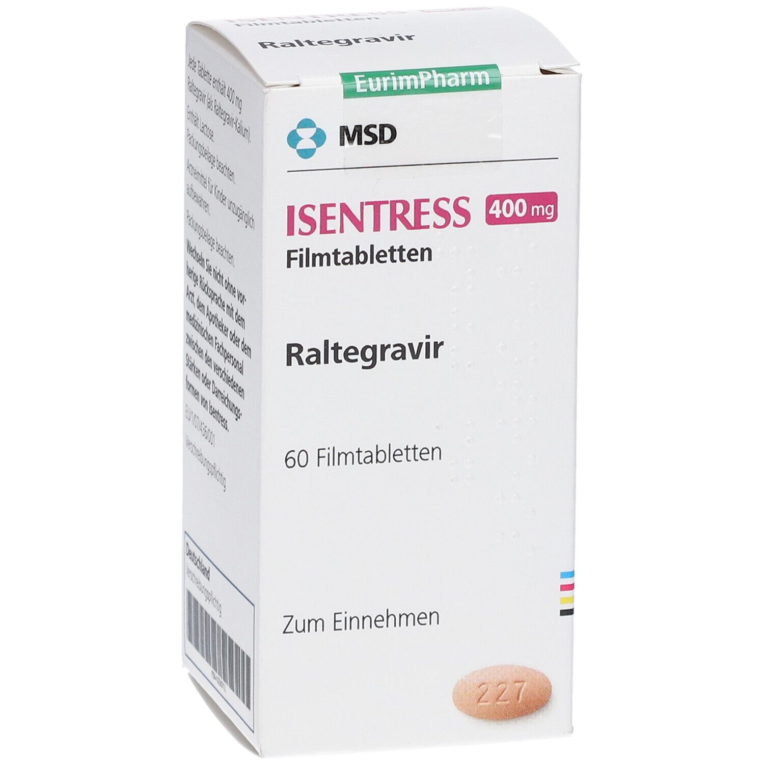 Isentress 400 mg Schachtel, Vorderseite mit MSD-Logo und Raltegravir-Informationen. Enthält 60 Filmtabletten.
