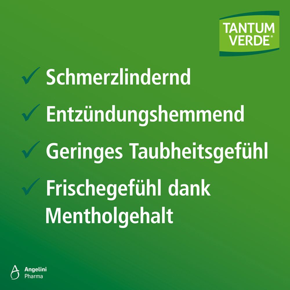 Tantum Verde Gurgellösung: Liste der Vorteile, darunter Schmerzlinderung und Frischegefühl.