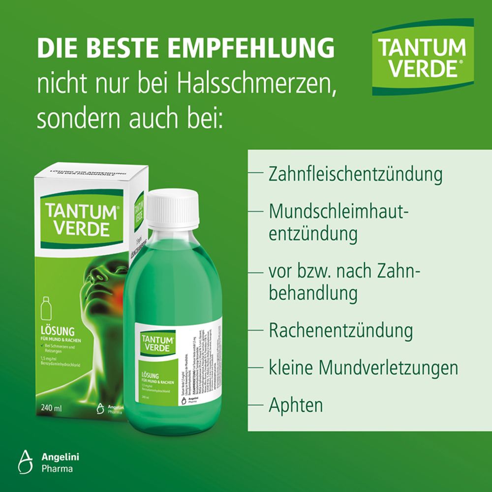 Tantum Verde Gurgellösung: Flasche, Faltschachtel und Anwendungsbereiche wie Zahnfleischentzündung.