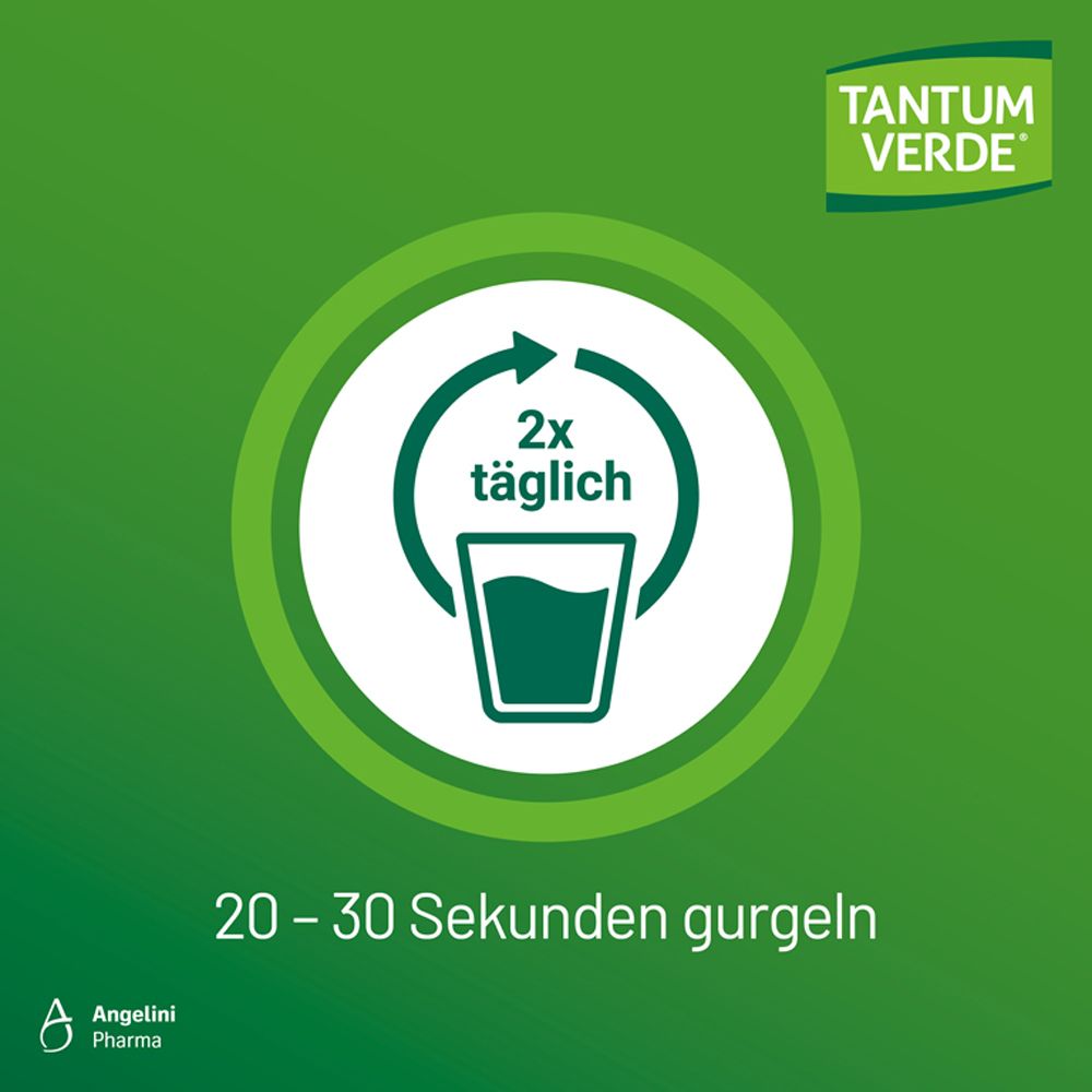 Tantum Verde Gurgellösung: Icon zeigt zweimal tägliche Anwendung für 20-30 Sekunden gurgeln.