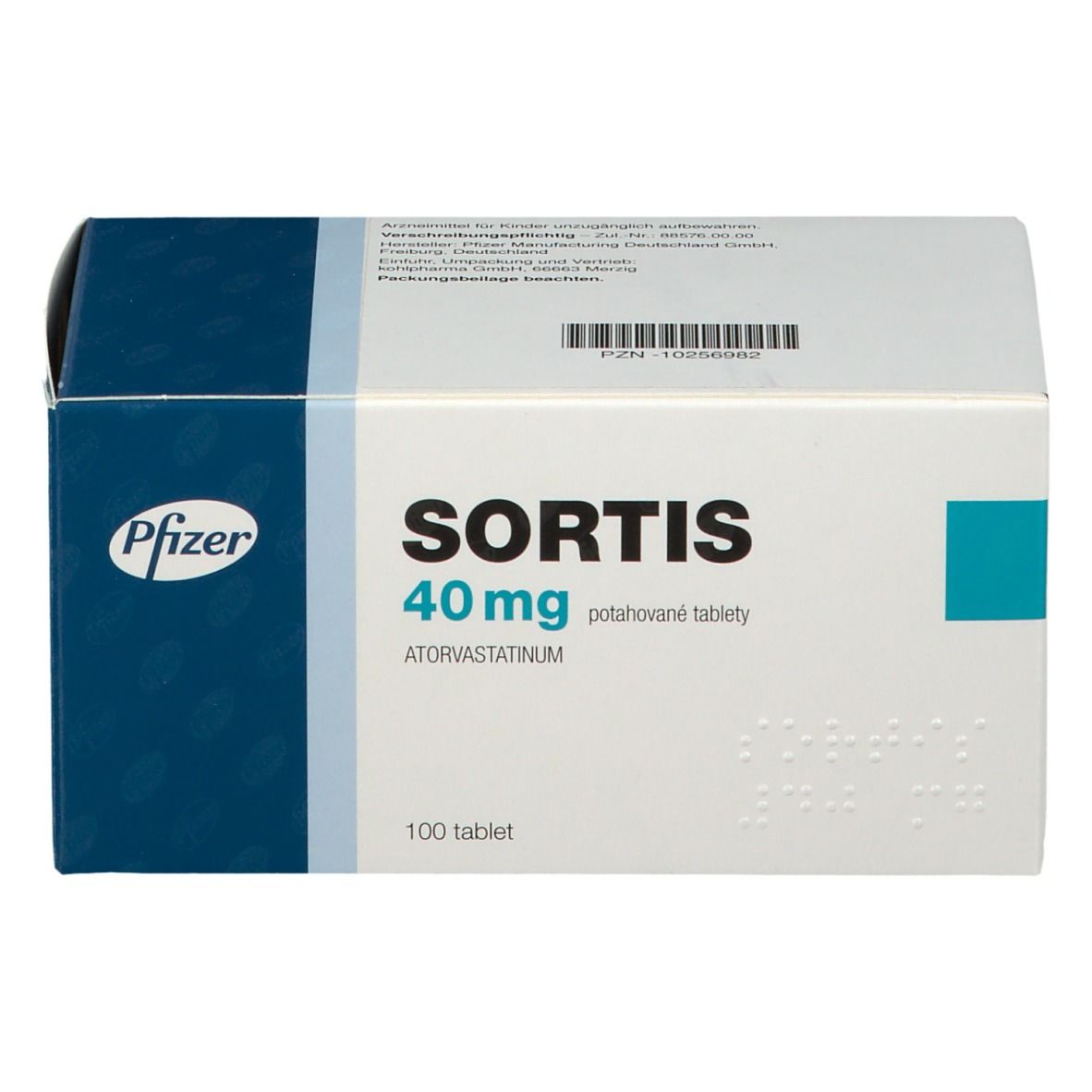 Schachtel SORTIS 40 mg, weiß mit blauem Deckel. Pfizer Logo. Aufschrift SORTIS 40 mg, 100 Tabletten. Braille-Schrift.