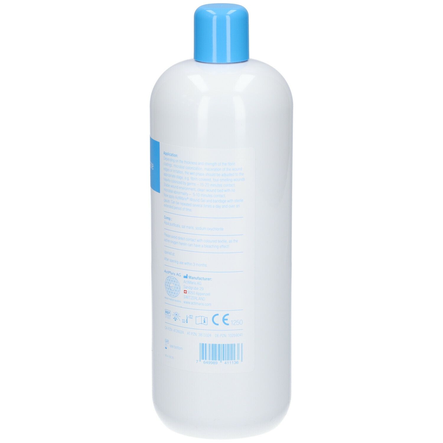 ActiMaris sensitiv. Weiße Flasche mit blauem Verschluss. Text auf Deutsch. 1000ml. CE-Zeichen.
