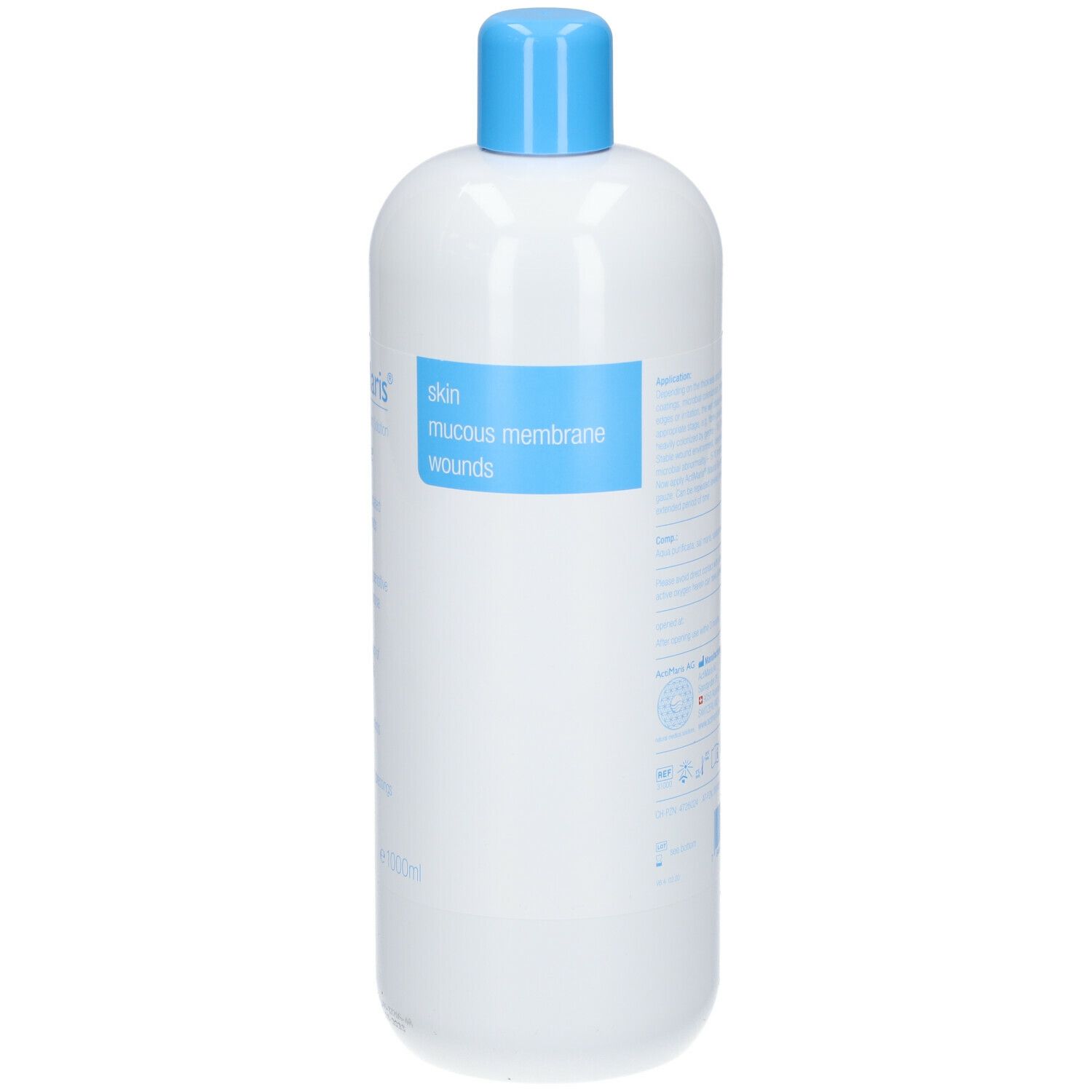 ActiMaris sensitiv. Weiße Flasche mit blauem Verschluss. Text auf Deutsch und Englisch. 1000ml.