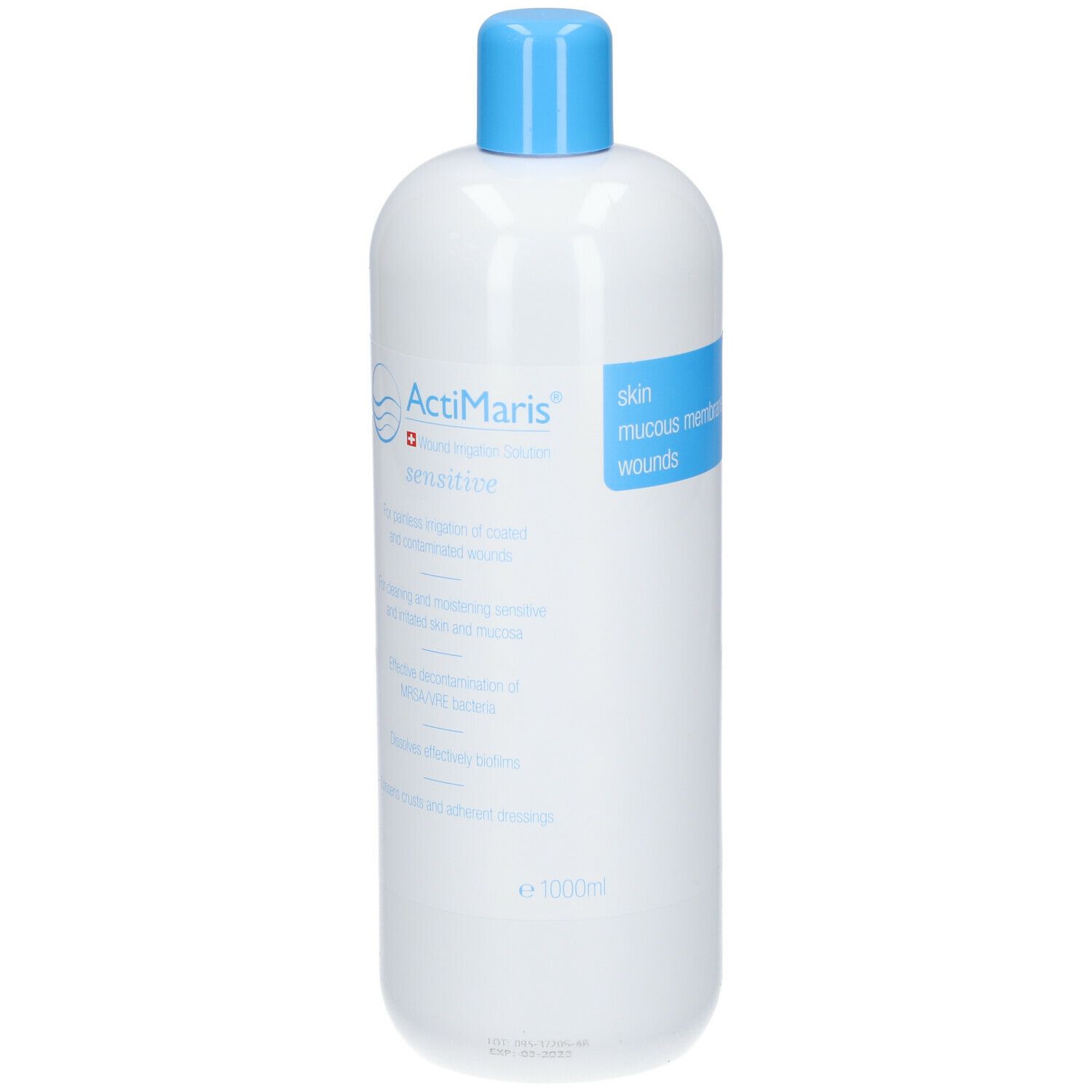 ActiMaris sensitiv. Weiße Flasche mit blauem Verschluss. Text auf Deutsch und Englisch. 1000ml.