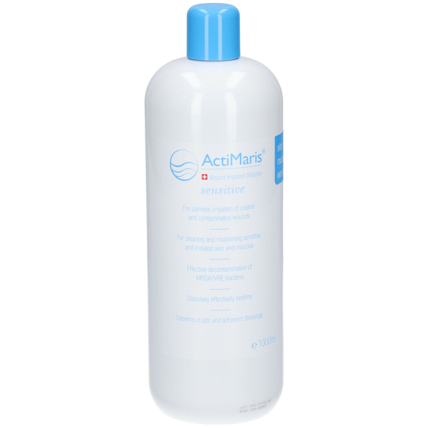 ActiMaris sensitiv. Weiße Flasche mit blauem Verschluss. Text auf Deutsch und Englisch. 1000ml.