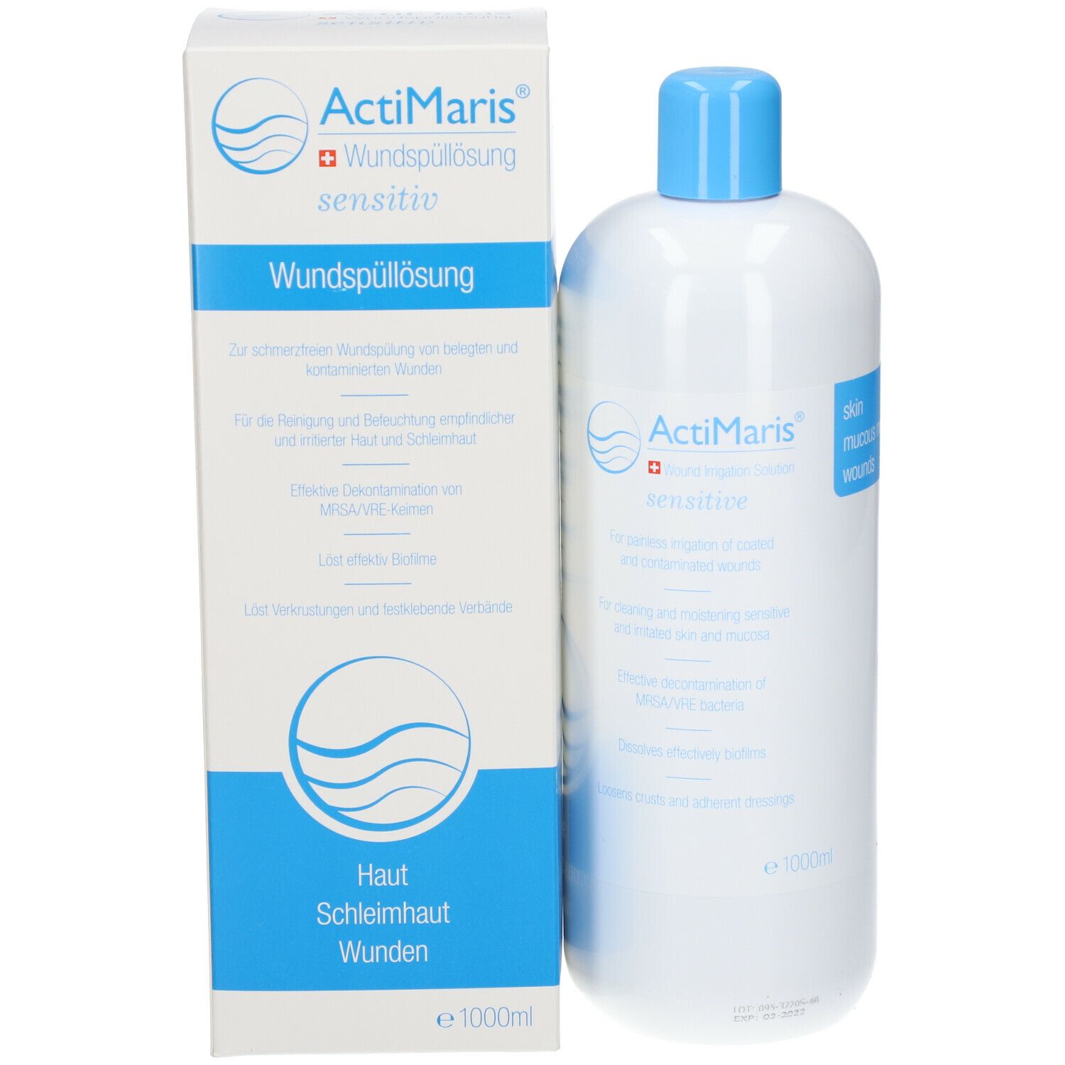 ActiMaris Wundspüllösung sensitiv. Weiße Flasche und Karton. Blaue Schrift und Logo. Text auf Deutsch.