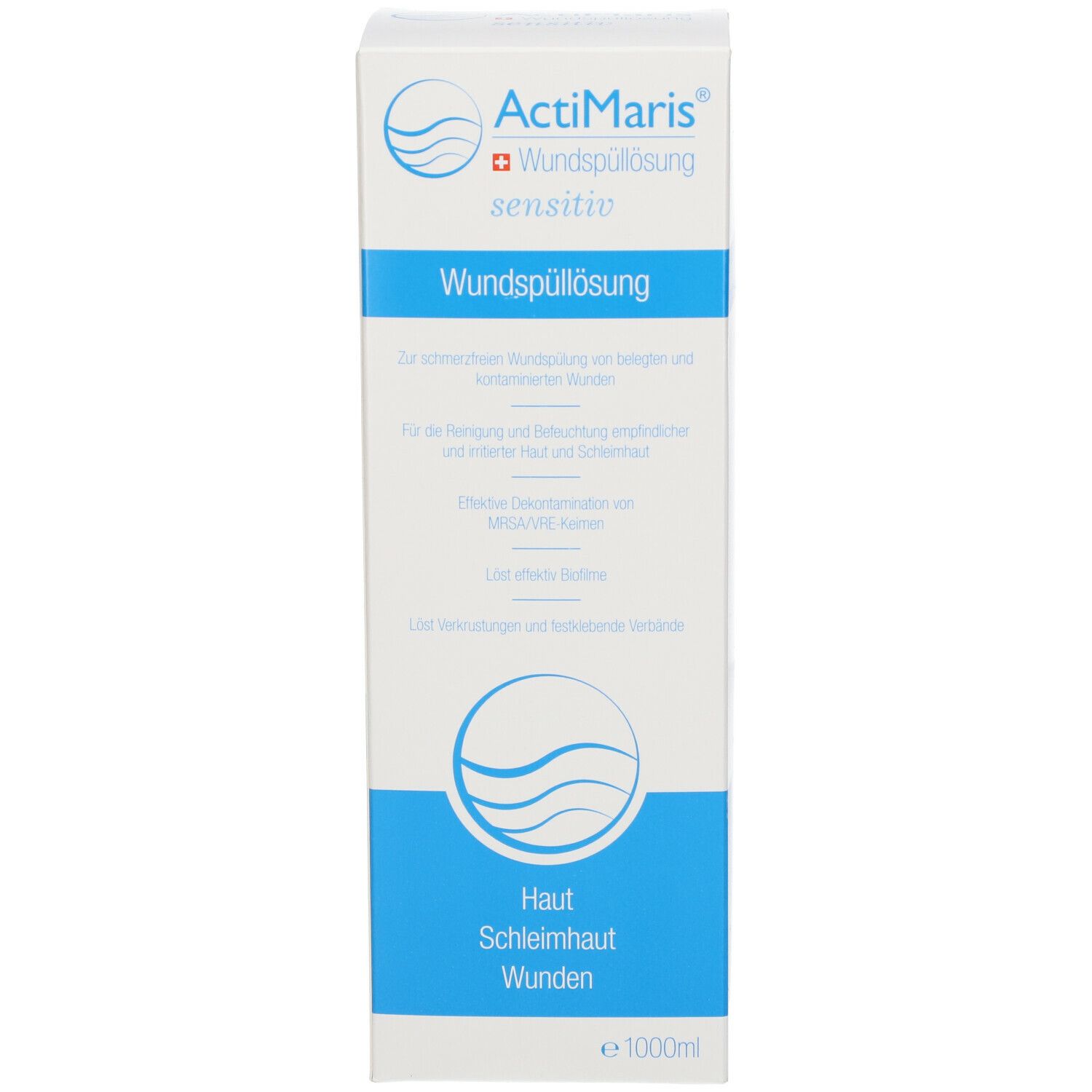 ActiMaris Wundspüllösung sensitiv. Karton. Blaue Schrift und Logo. Text auf Deutsch. 1000ml.