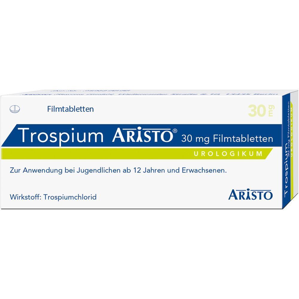 Verpackung von Trospium Aristo® 30 mg Filmtabletten. Aufschrift: 30 mg, Urologikum, Wirkstoff Trospiumchlorid. Marke Aristo.