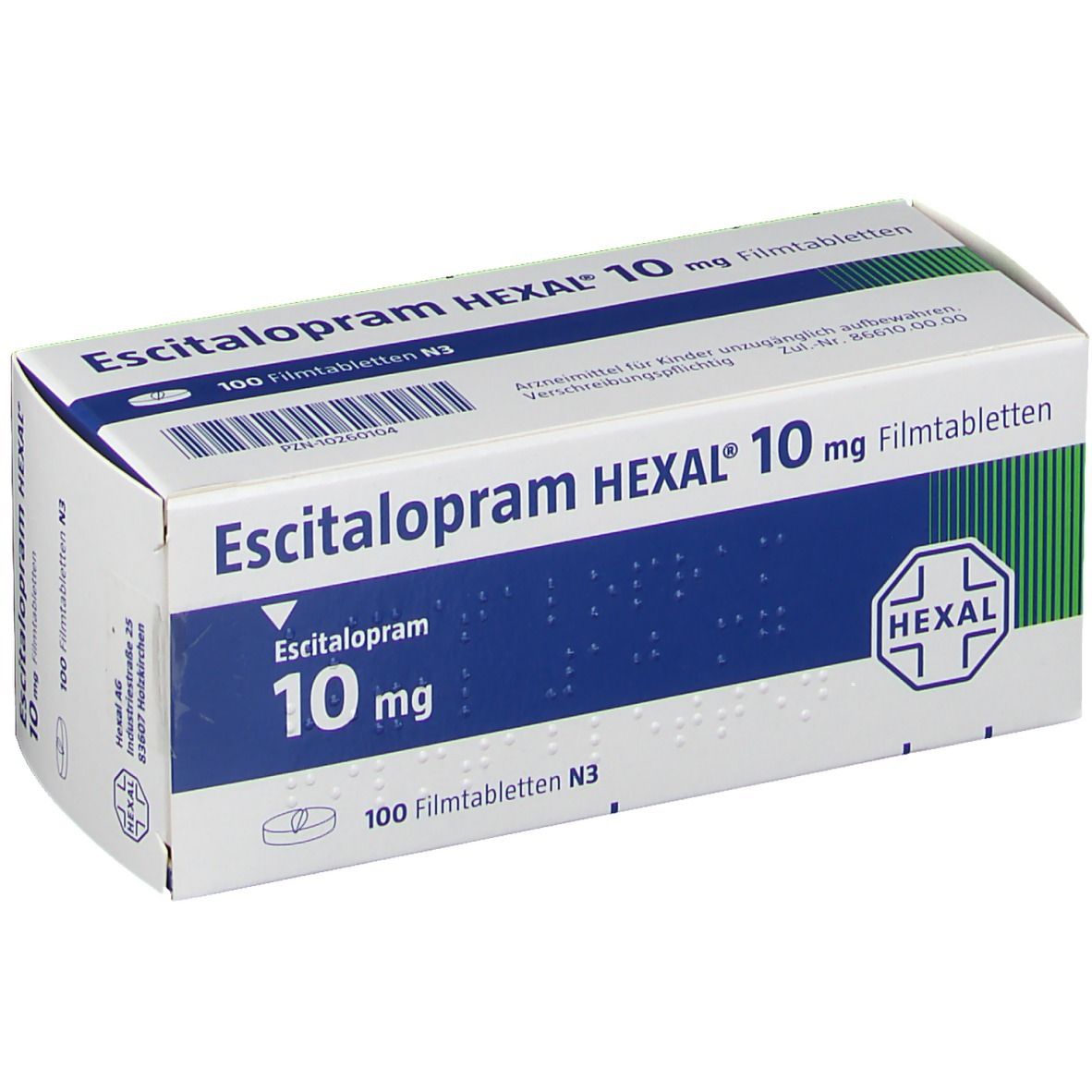 Schachtel mit Escitalopram HEXAL 10 mg Filmtabletten. Blaue und weiße Verpackung mit Produktnamen und Dosierung.