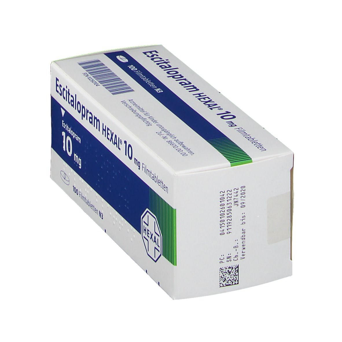 Schachtel Escitalopram HEXAL 10 mg Filmtabletten. Blaue und weiße Verpackung, schräg gestellt. Produktname und Dosierung sichtbar.