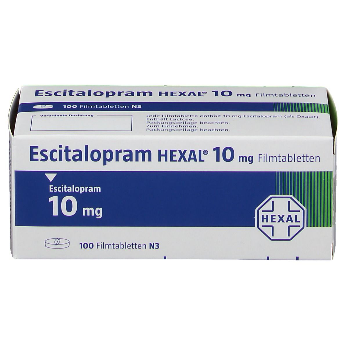 Verpackung von Escitalopram HEXAL 10 mg Filmtabletten. Blaue und weiße Schachtel mit Produktinformationen und Logo.