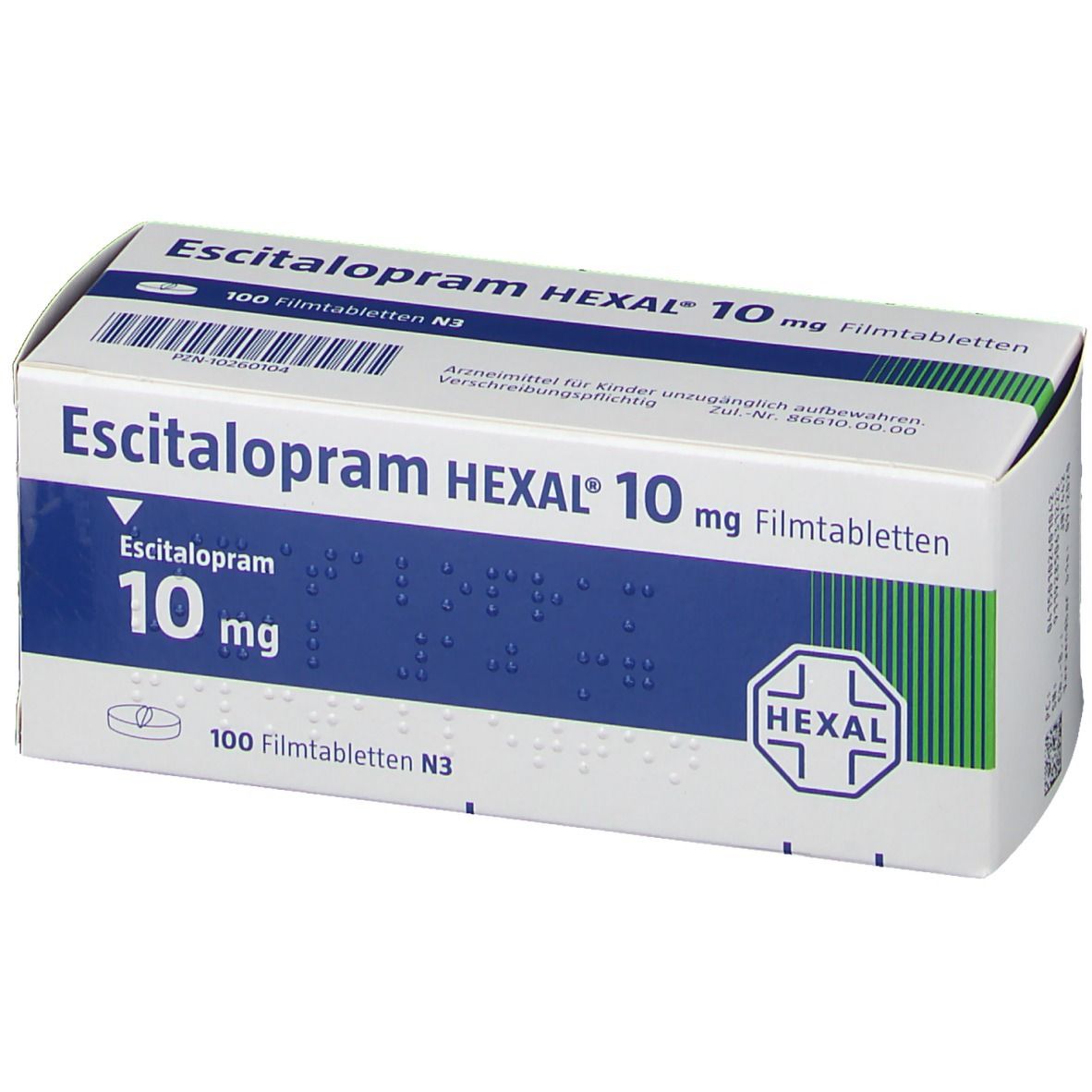 Verpackung von Escitalopram HEXAL 10 mg Filmtabletten. Blaue und weiße Schachtel mit Produktinformationen und Logo.