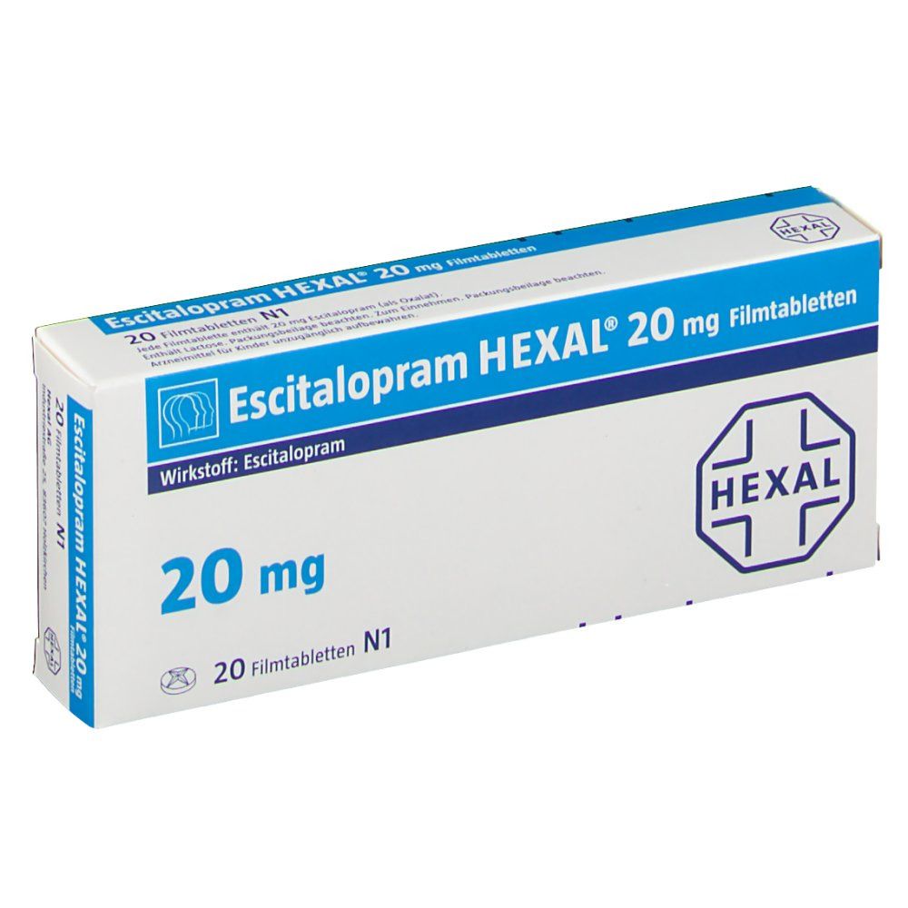 Schachtel mit Escitalopram HEXAL 20 mg Filmtabletten. Aufschrift: 20 mg, HEXAL Logo. Weiße Verpackung mit blauen Akzenten.
