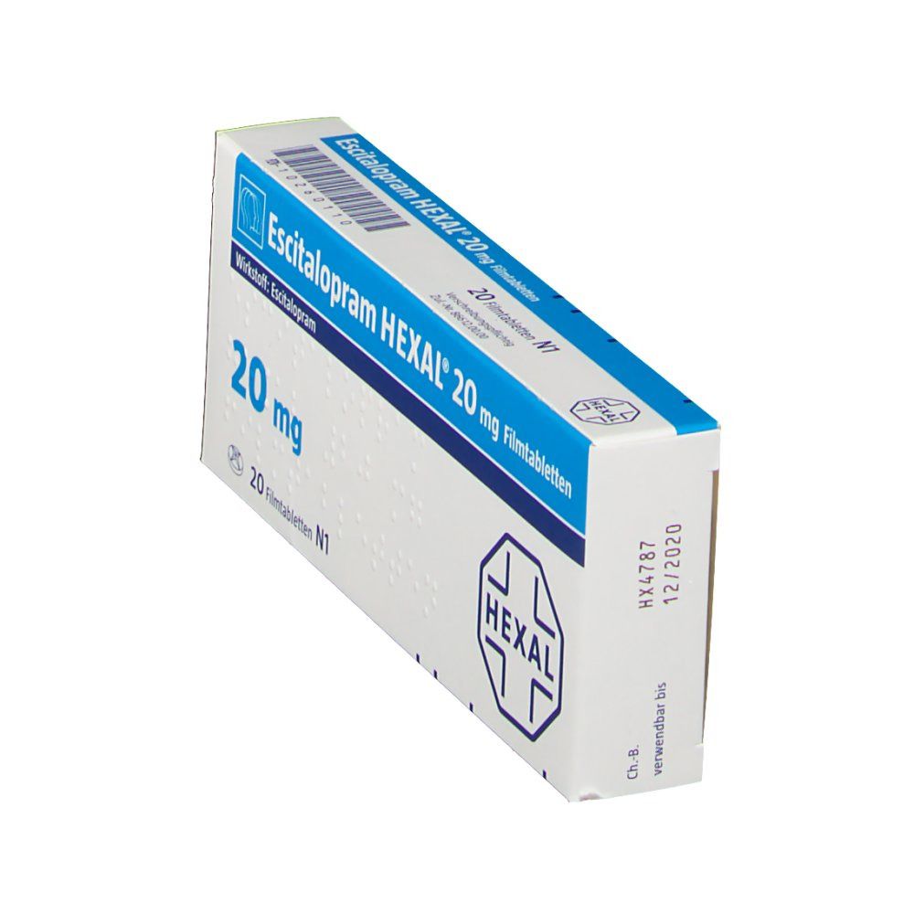 Schachtel Escitalopram HEXAL 20 mg, schräg. Aufschrift: 20 mg, HEXAL Logo. Weiße Verpackung mit blauen Akzenten. Haltbarkeitsdatum.