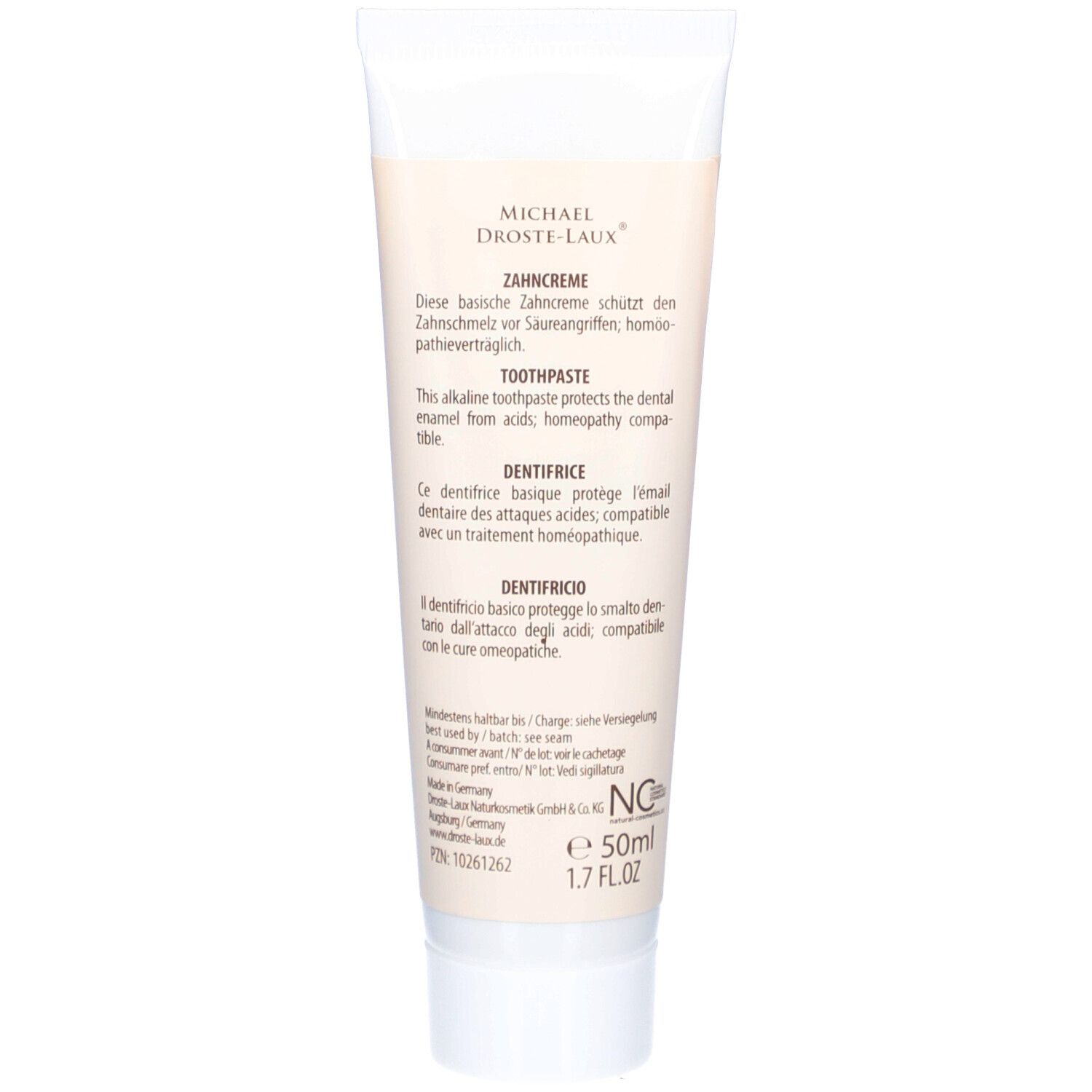 Rückseite der Zahncreme-Tube. Text: Diese basische Zahncreme schützt den Zahnschmelz. Inhaltsstoffe, Herstellerinformationen, Chargennummer, 50ml.