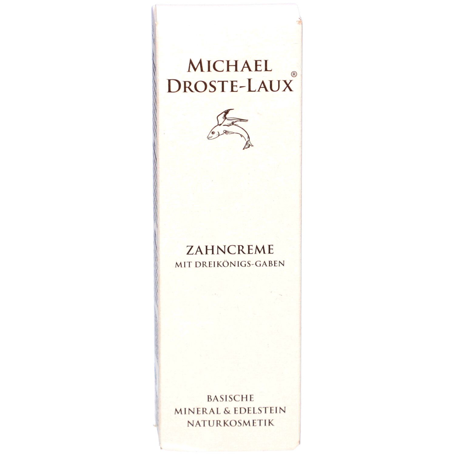Zahncreme-Schachtel. Marke: Michael Droste-Laux. Text: Zahncreme mit Dreikönigs-Gaben. Basische Mineralien & Edelstein Naturkosmetik.