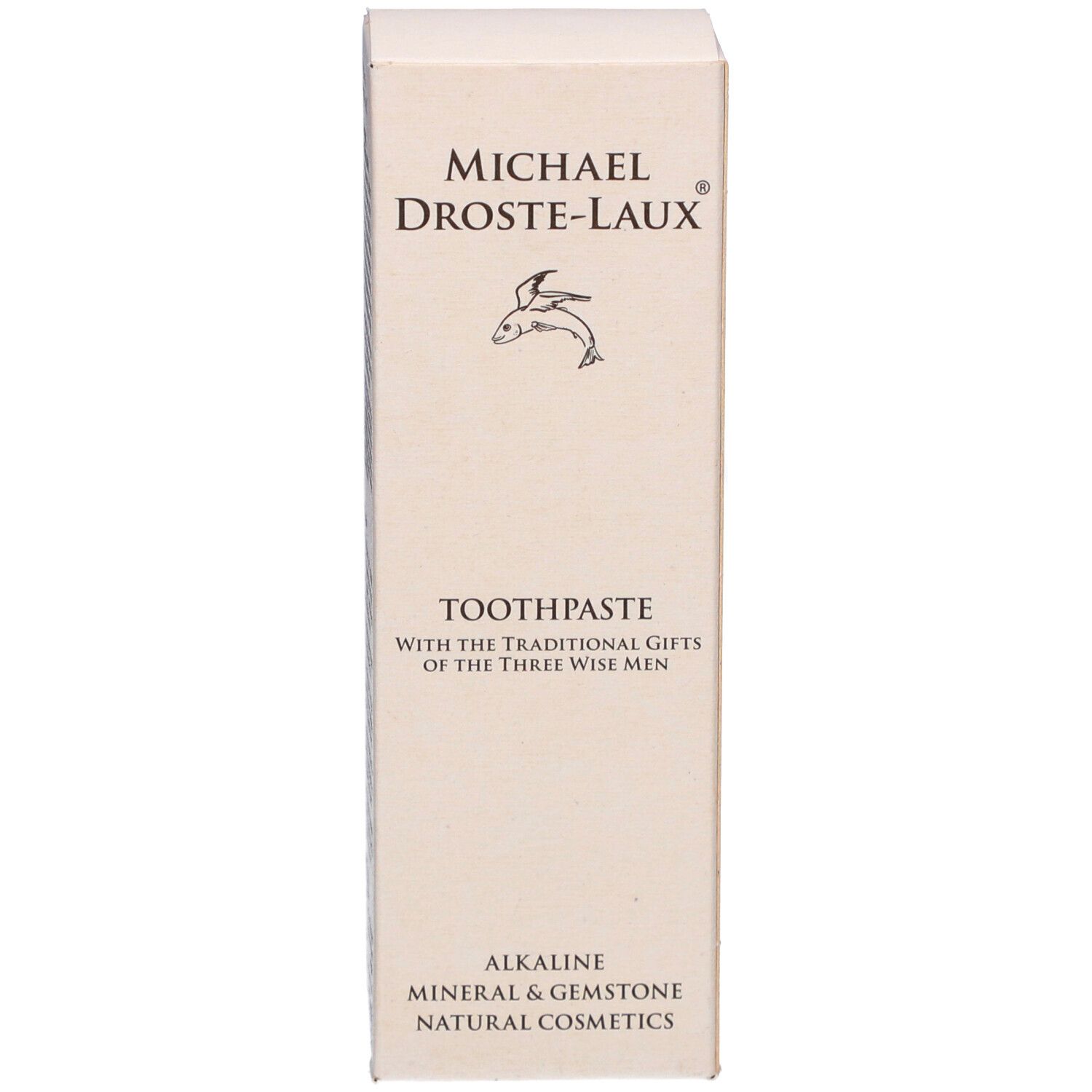 Vorderseite der Zahncreme-Schachtel. Marke: Michael Droste-Laux. Text: Toothpaste. Alkaline Mineral & Gemstone Natural Cosmetics.