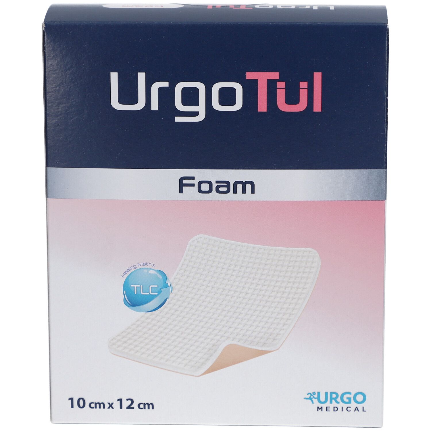 Verpackung von UrgoTül Foam. Produktname, Größe und ein Schaumstoffverband sind abgebildet.