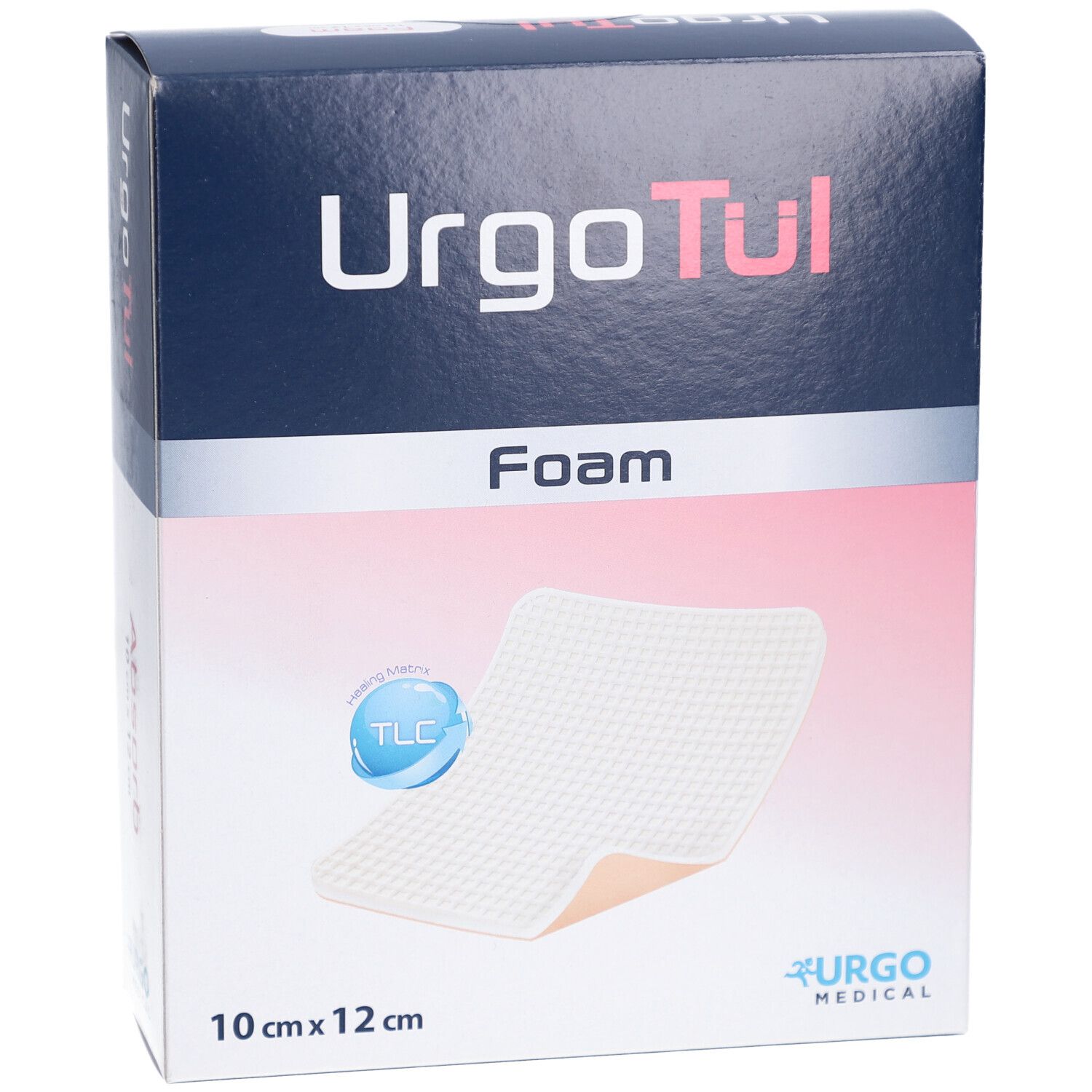 Verpackung von UrgoTül Foam. Produktname, Größe und ein Schaumstoffverband sind abgebildet.