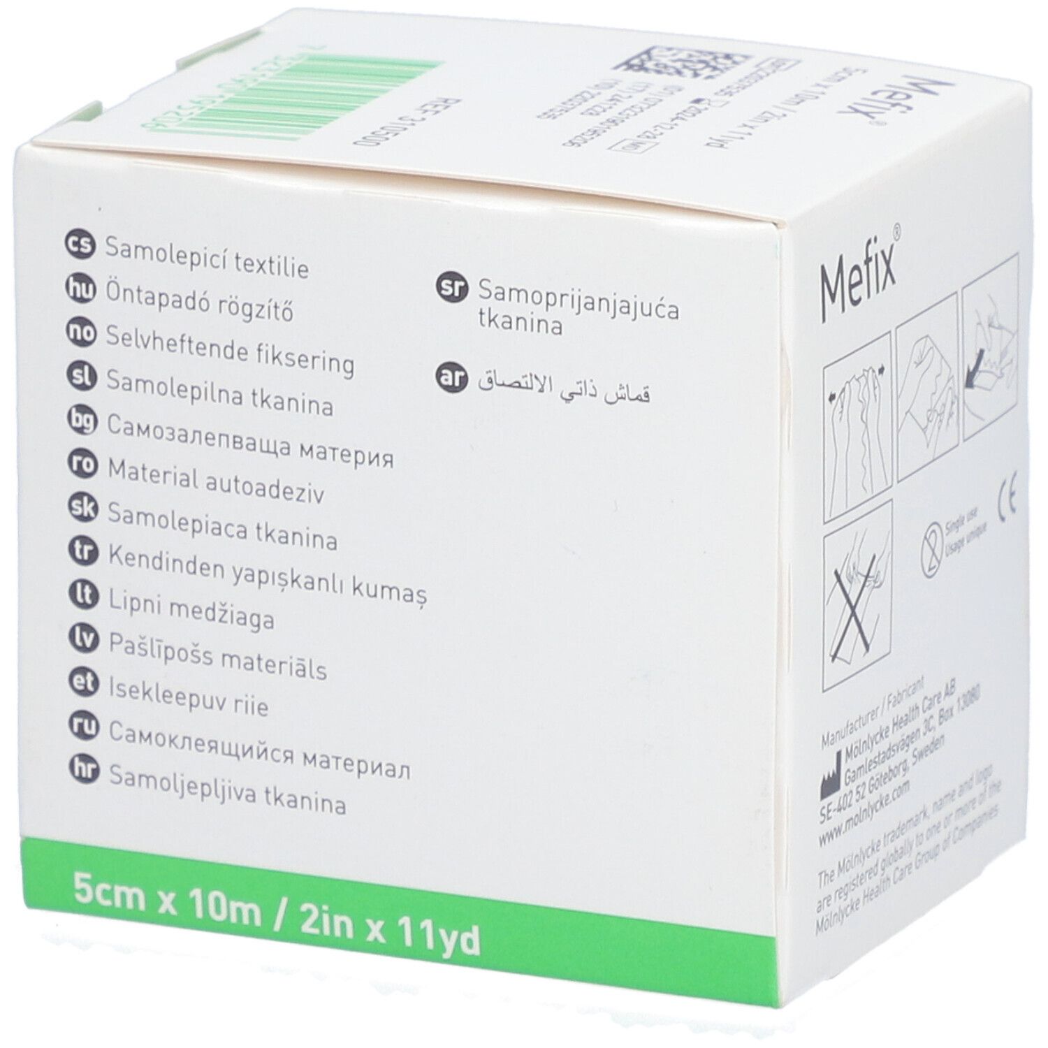 Karton mit Mefix. Rückseite mit mehrsprachigen Produktinformationen. Aufdruck: 5 cm x 10 m. CE-Kennzeichnung.