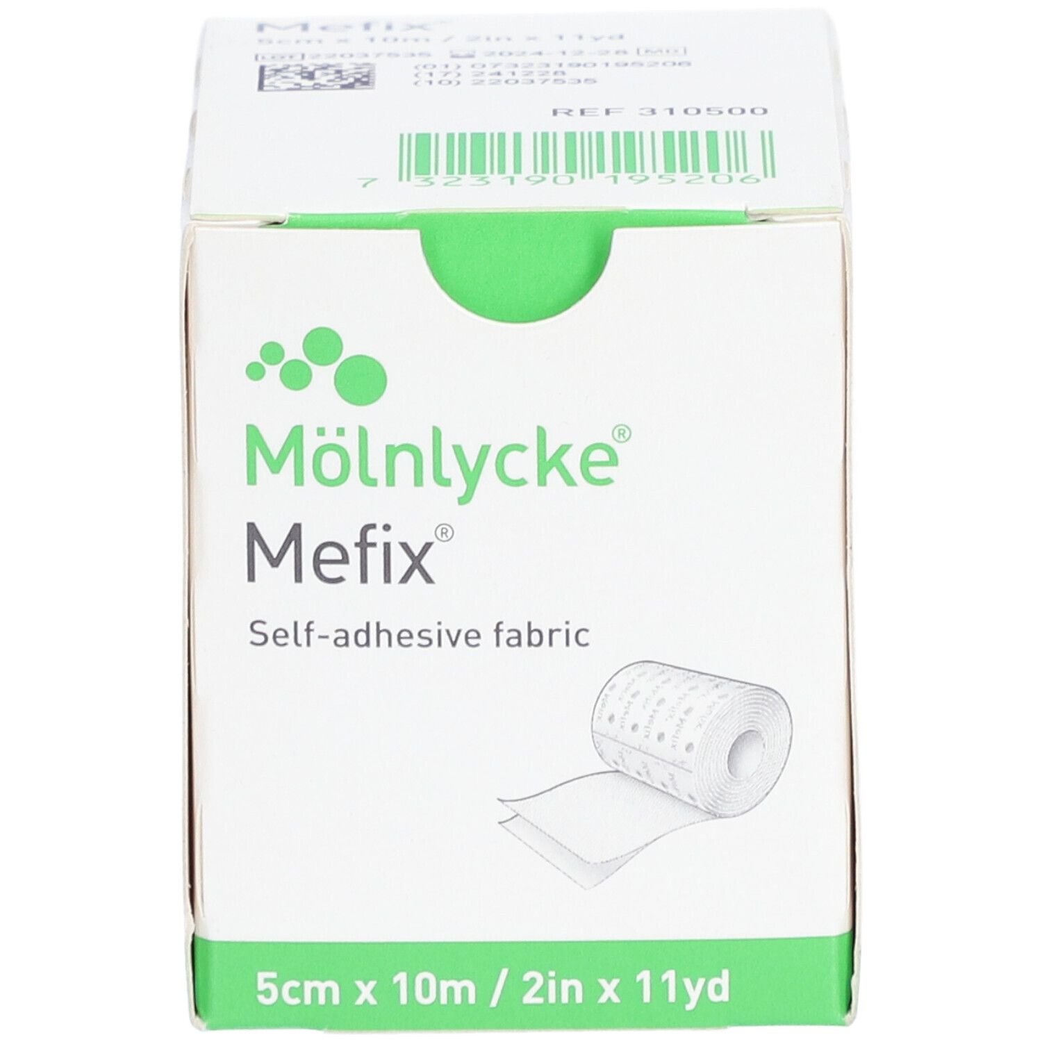 Karton mit Mefix Fixationsvlies Rolle. Aufdruck: 5 cm x 10 m. Produktname und Logo von M


ölnycke.