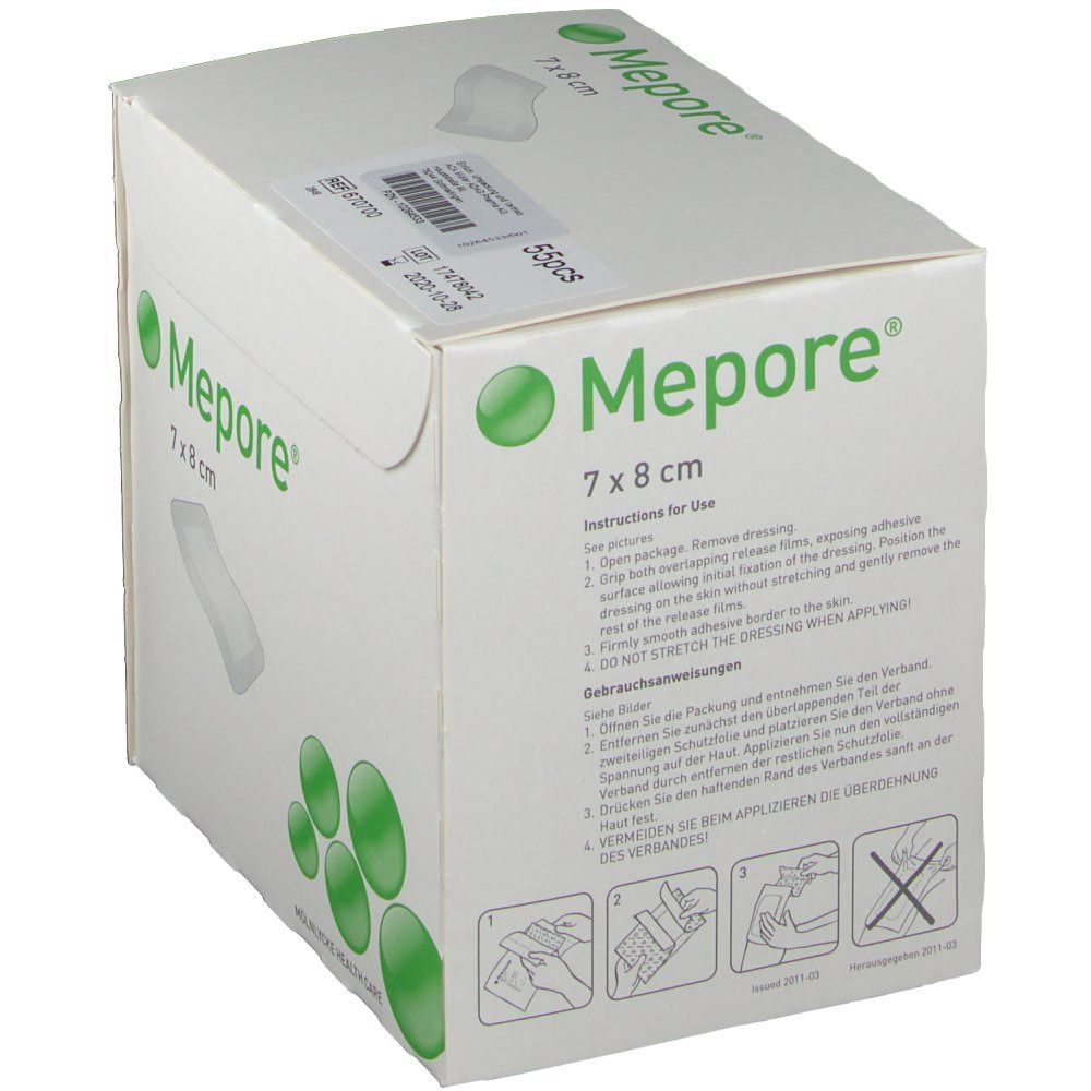 Verpackung von Mepore Wundverband steril 7x8 cm. Box mit Produktlogo, Größenangabe und Gebrauchsanweisung.
