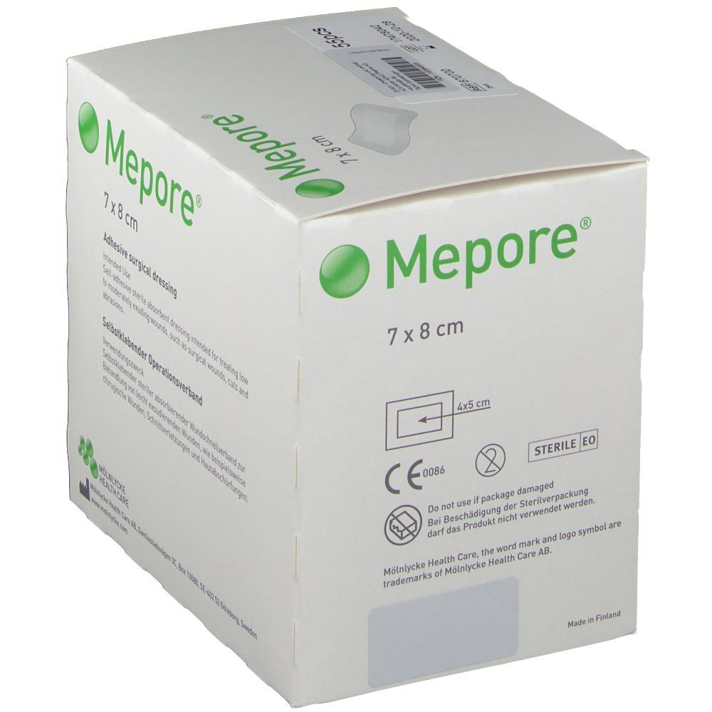 Verpackung von Mepore Wundverband steril 7x8 cm. Box mit Produktlogo, Größenangabe und CE-Kennzeichnung.