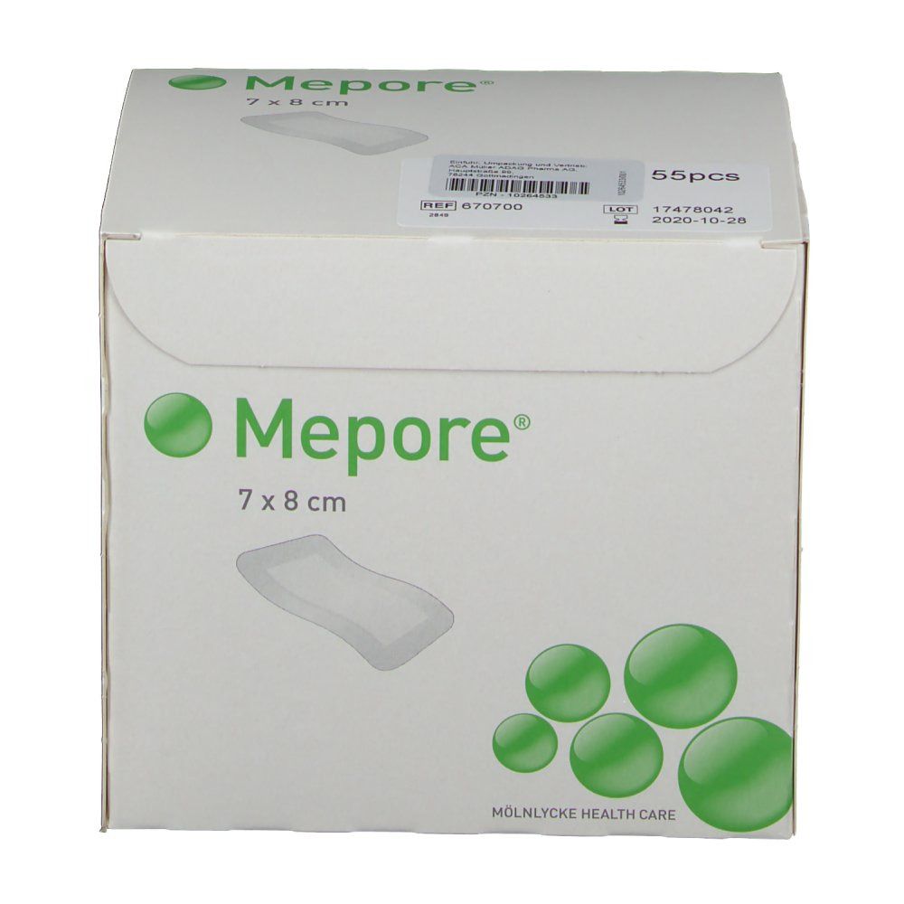Verpackung von Mepore Wundverband steril 7x8 cm. Weiße Box mit Produktlogo und Größenangabe. 55 Stück.